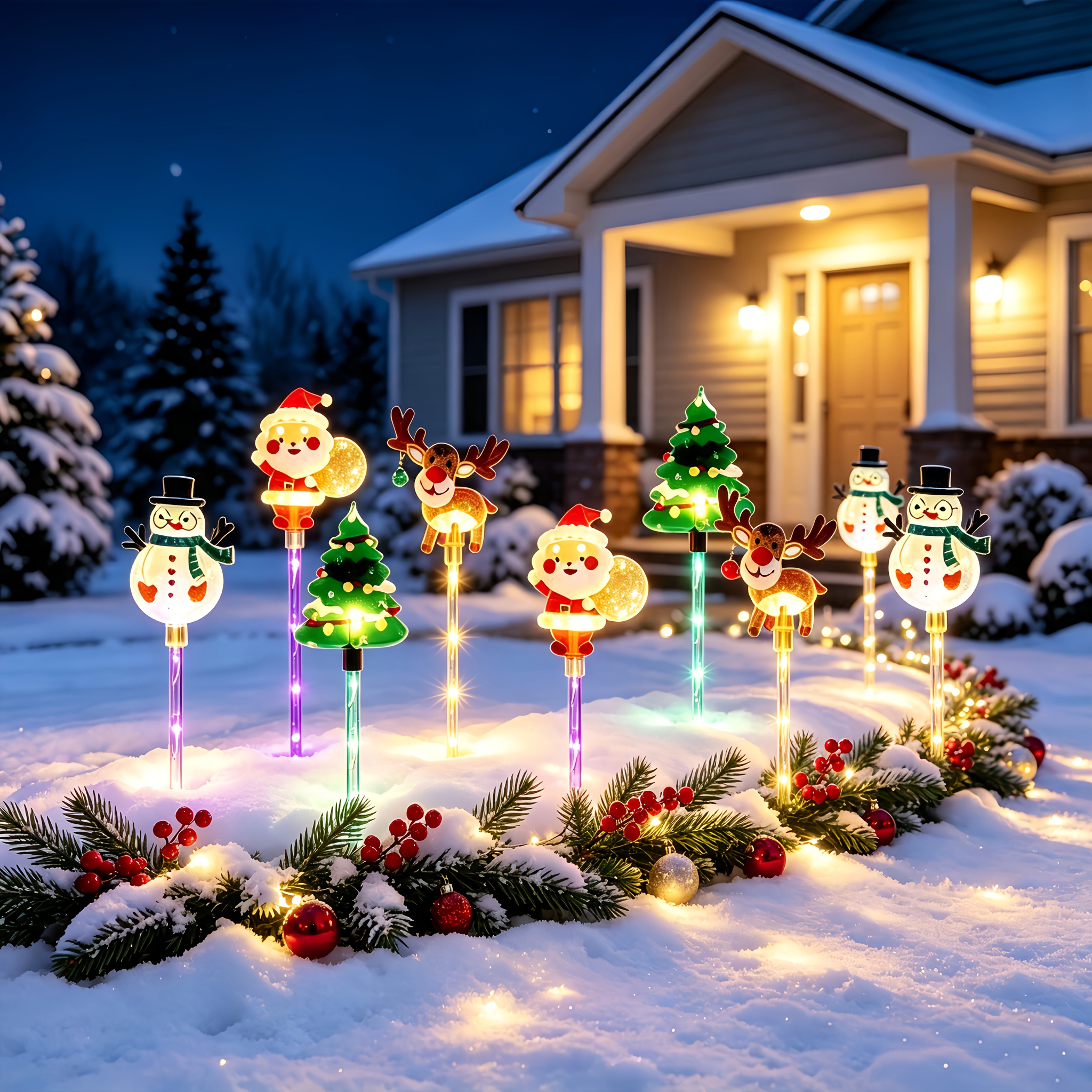 TEMU 8pcs Solar Christmas Decorative Garden Stake Lights, Ipx6 Led Santa Claus Snowman Reindeer Christmas Tree Path Lights, Christmas Decorations
