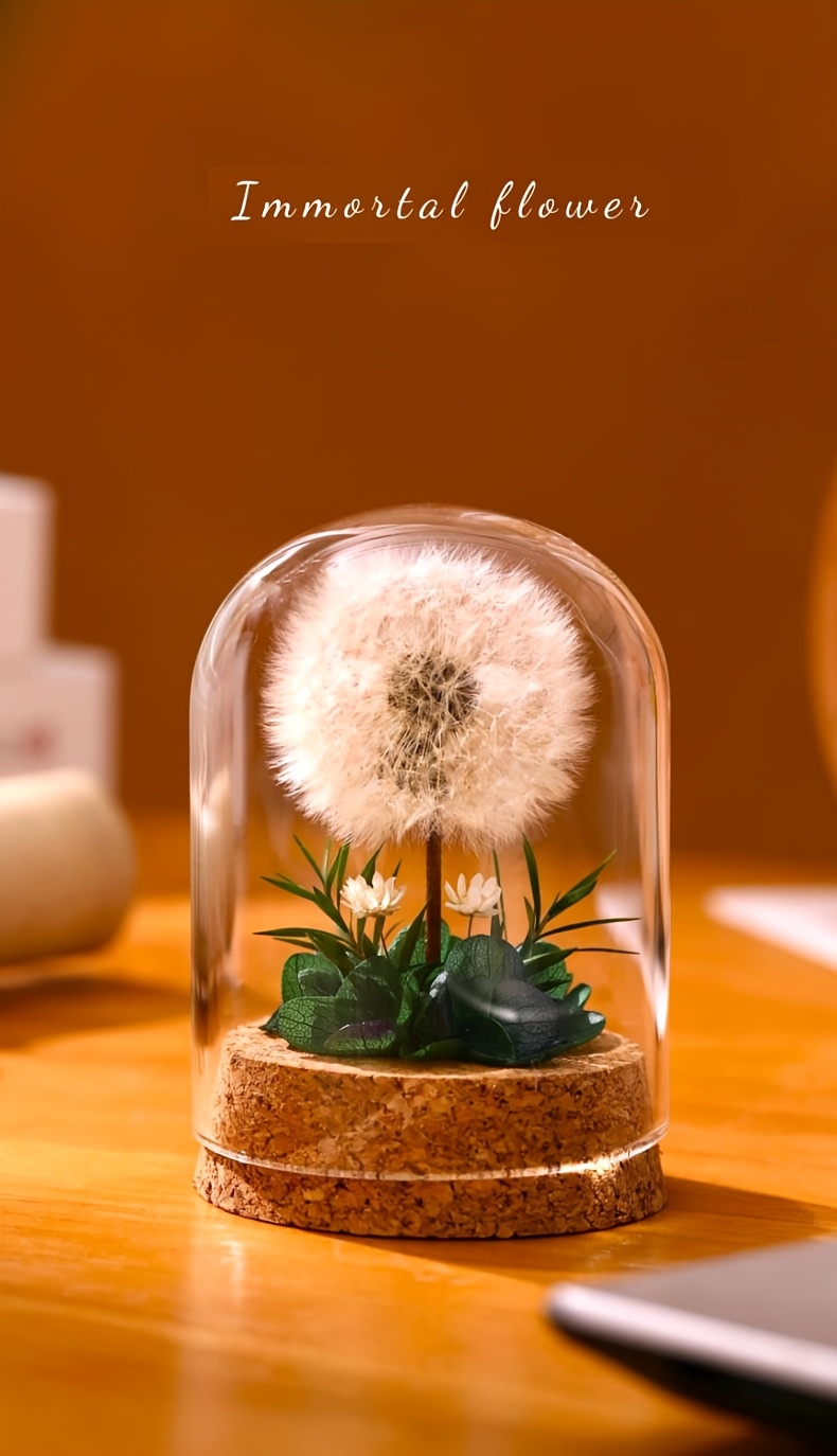 1pc Glass Dome Dandelion Plant Display - Realistic Artificial Flower Arrangement With Cork Base, Perfect For Home Decor_voghion.com