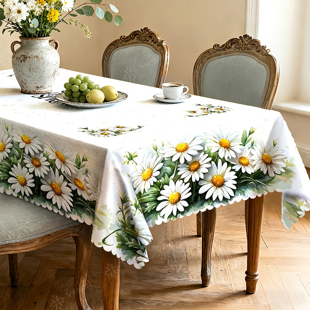 TEMU 1pc Spring Tablecloth, Durable Polyester Tablecloth, White And Green Decoration, Daisies And Green Leaves, Country Style, Home Decor, Square,