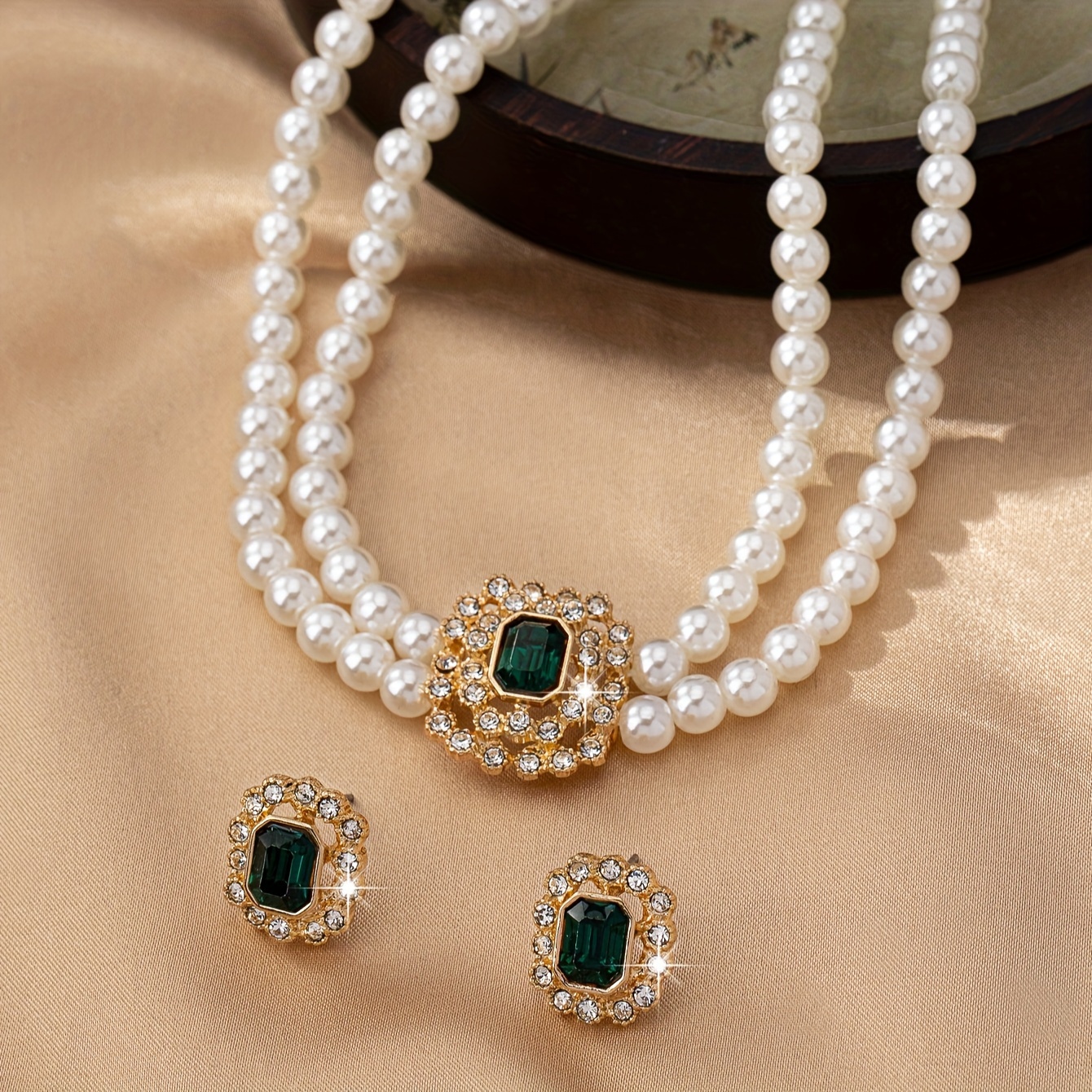 TEMU Elegant Luxury Style Double Row Faux Pearl Necklace And Stud Earrings Set With Rhinestone Embellishments And Square Acrylic Green Gems - Versatile Jewelry For Daily Wear