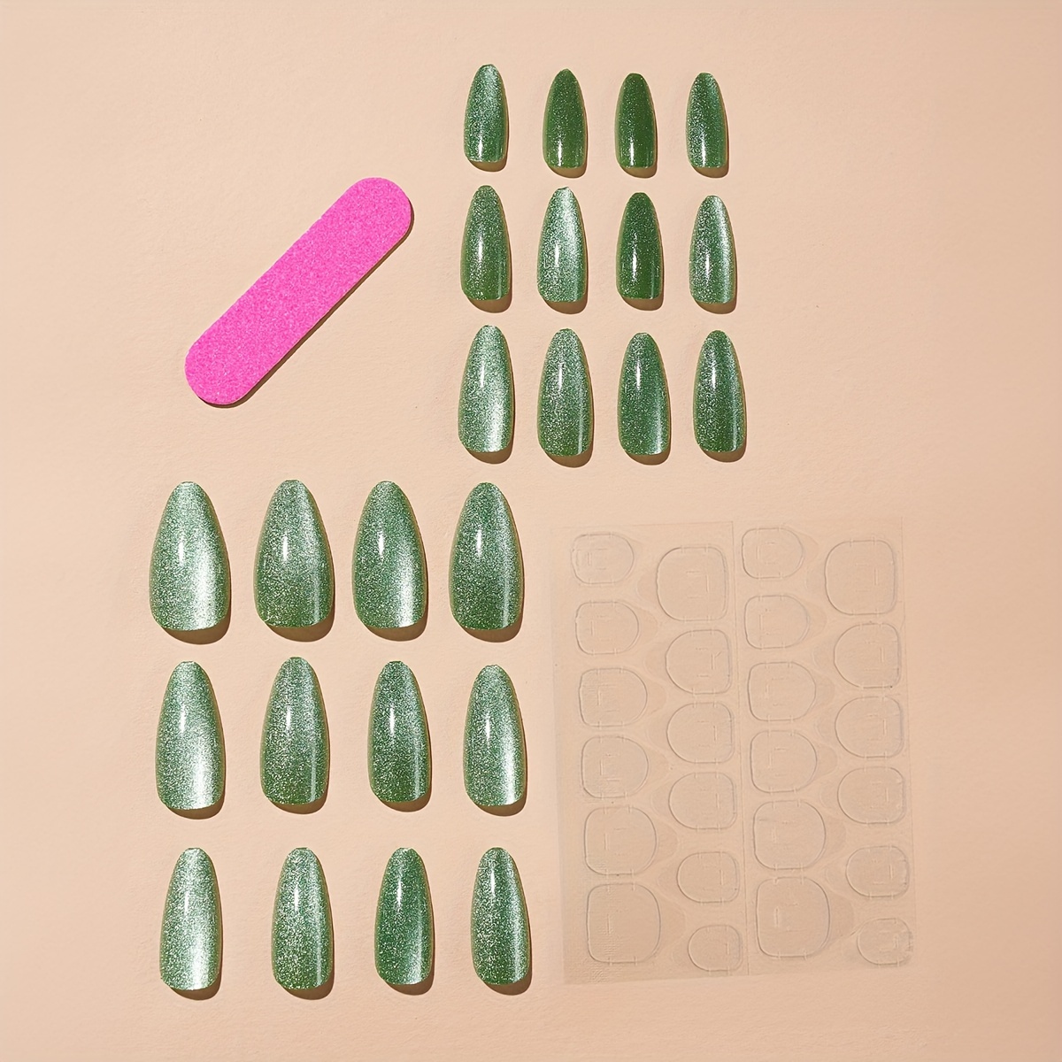 green cat eye press on nails glossy medium almond fake nails sparkling false nails for women girls party nail deco details 2