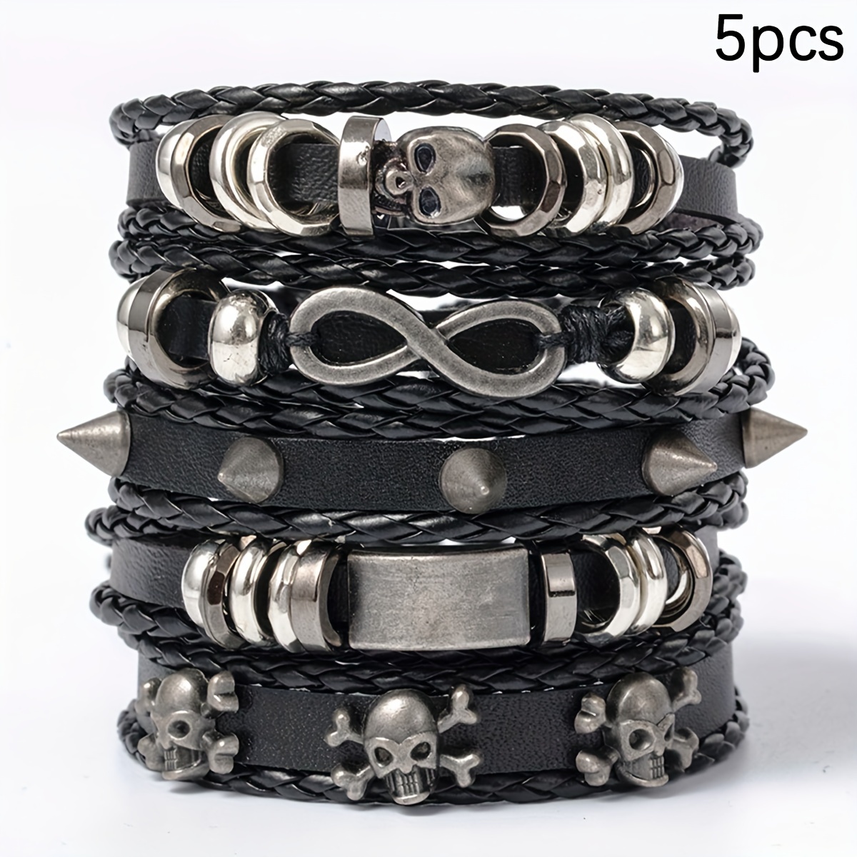 

5pcs Black Braided Pu Leather Bracelet, Match Alloy Skulls Pattern Accessory, Fashion Accessory For Daily Wear, Idea Gift For Unisex