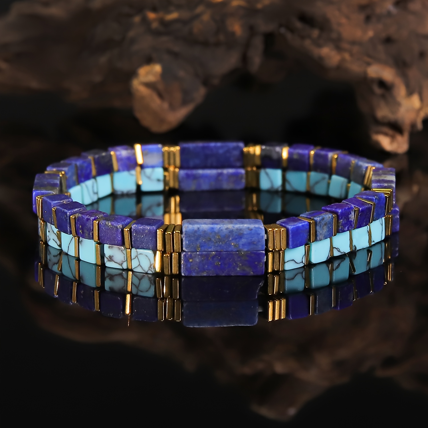 TEMU Lot de 2 bracelets extensibles unisexes carrés perlés en naturelle lapis- et turquoise, bracelet superposable avec perles d'espacement dorées,