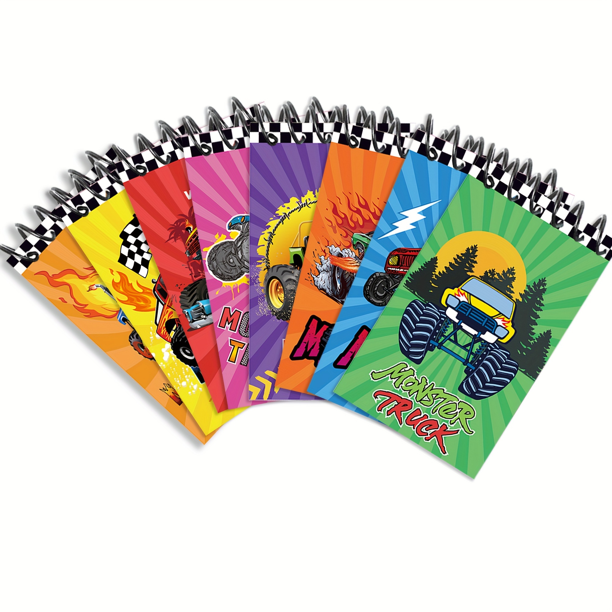 

8-pack Mini Spiral Notebooks With Monster Truck Design - Cartoon Americana Style Memo Pads For Party Favors And School Supplies