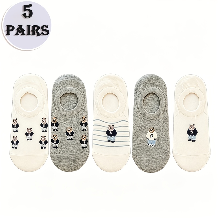 TEMU 5-pair Set Novelty Women's Bear Print Striped Boat Socks, Ribbed Elastic Comfortable All-match Invisible Boat Socks, Spring/summer All-match