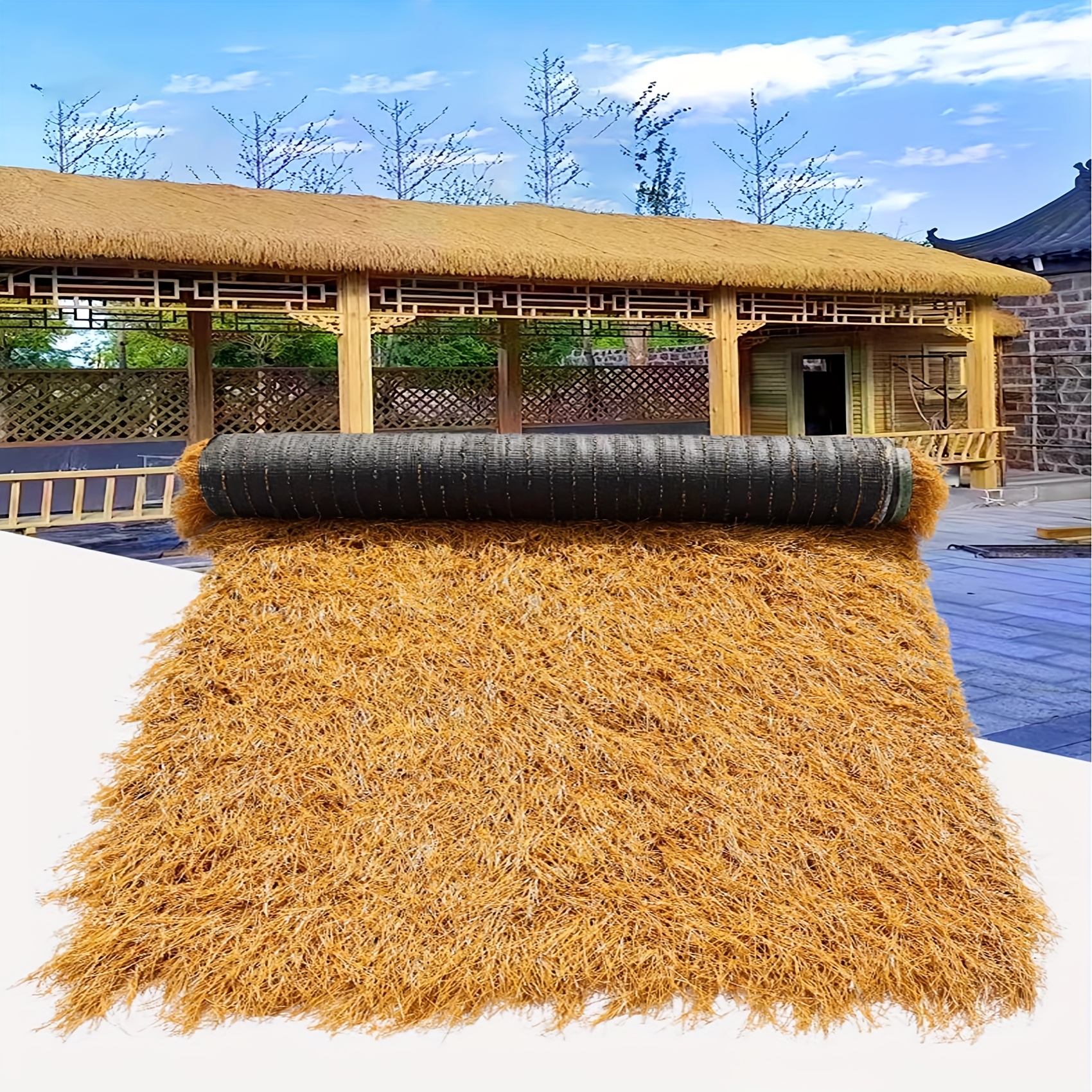Image of Realistic Artificial Thatched Carpet Roll - Uv-resistant Heavy-duty Pe/pp Roof Mat For Outdoor Use - Diy Installation - Ideal For Tropical Roof Coverings, Fence Shading, And Event Backdrop Walls
