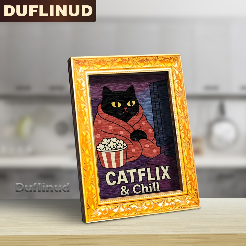 TEMU 1pc Aimant de " & " Chat Regardant la Télé, Petit Cadre Créatif Art Mural, Artisanat en Bois, Décoration Amusante , Indispensable pour des Chats