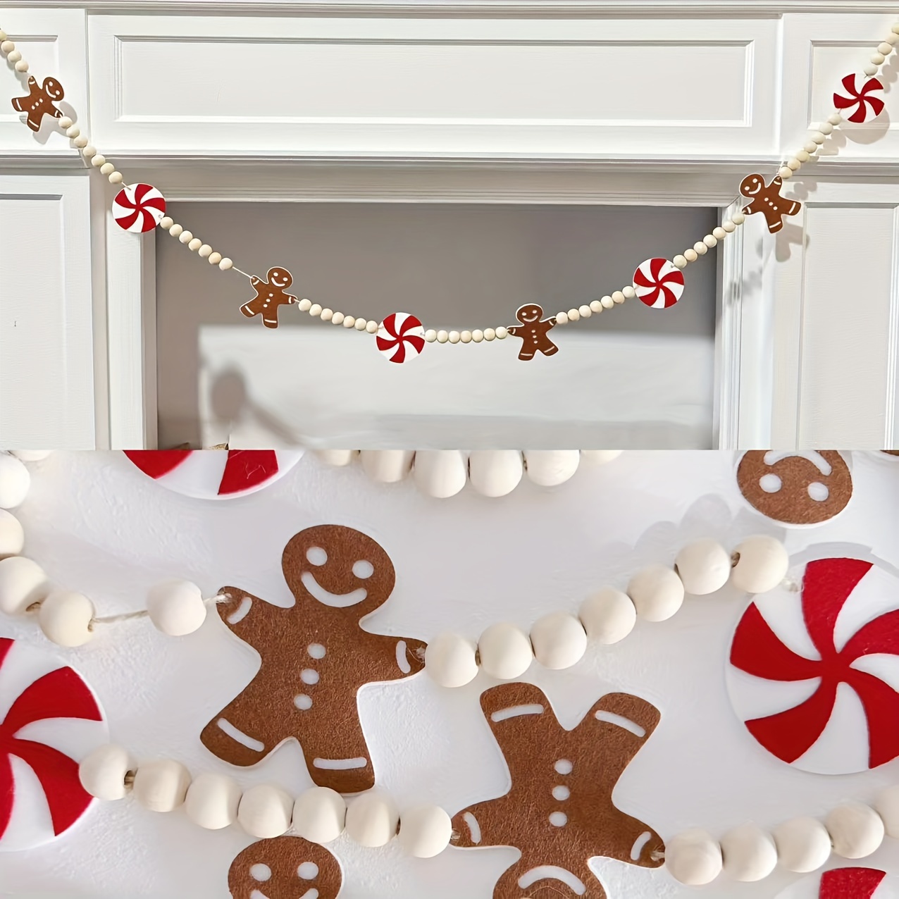 

Classic Wooden Bead And Felt Gingerbread & Candy Garland - 8.2ft Seasonal Wall Hanging Decor For Christmas, Thanksgiving, - Festive Fireplace Banner Without Electricity