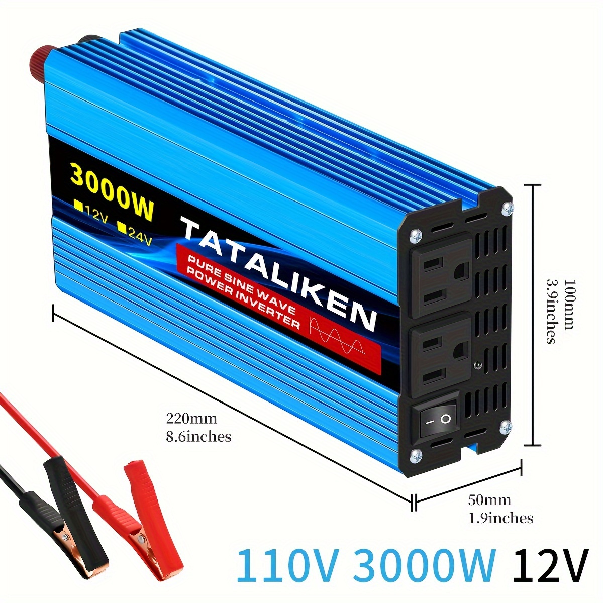 TEMU 3000w Pure Sine Inverter - 12v/24v To Ac 110v 60hz Converter With Us Plug, Direct Sold By , Blue & , Includes Red & Copper Wires For Easy Connection
