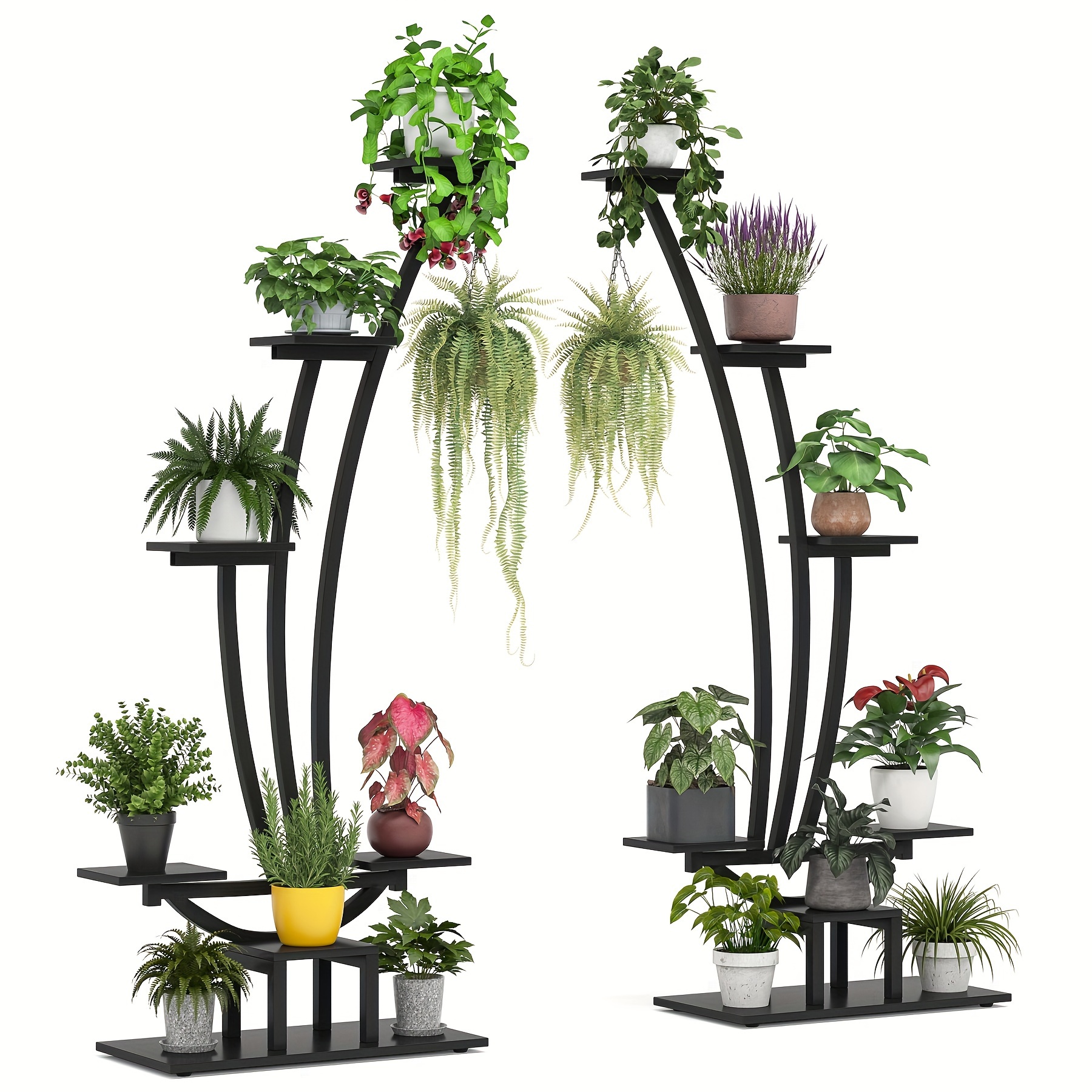 

Little Tree 6-tier Tall Indoor Plant Stand Pack Of 2, Metal Curved Display Shelf With 2 Hanging Hooks, Multi-purpose Bonsai Flower Pots Plant Rack For Indoor, Garden, Balcony, Living Room