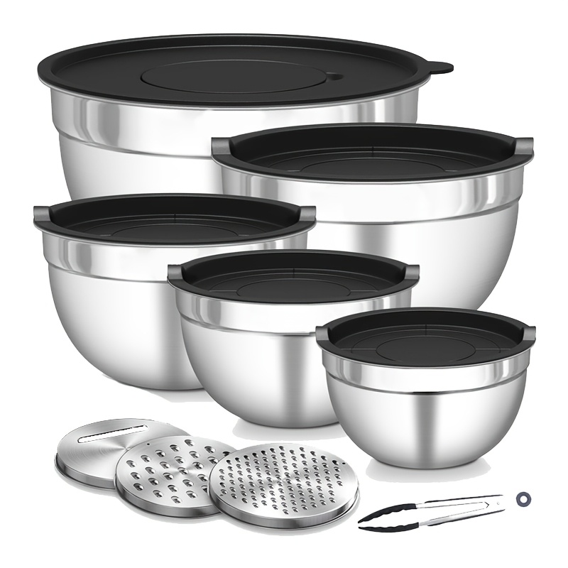 TEMU 9pcs Stainless Steel Mixing Bowl Set With Lids & Grater, Salad Mixing Bowl, Perfect For Mixing And Serving, For Food Storage, Meal Prep, Salad
