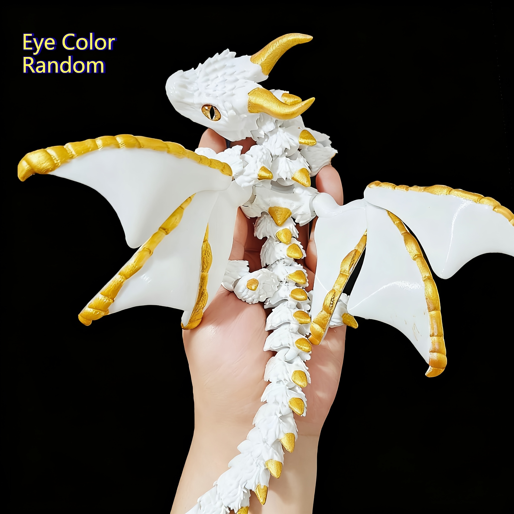 Image of 1pc 3d Printed Dragon Statue, Platinum & Black Golden Metallic Finish, Random Eye Color, Articulated Wings & Scales, Fantasy Desktop Home Decor Sculpture, Ideal Collectible Holiday Gift