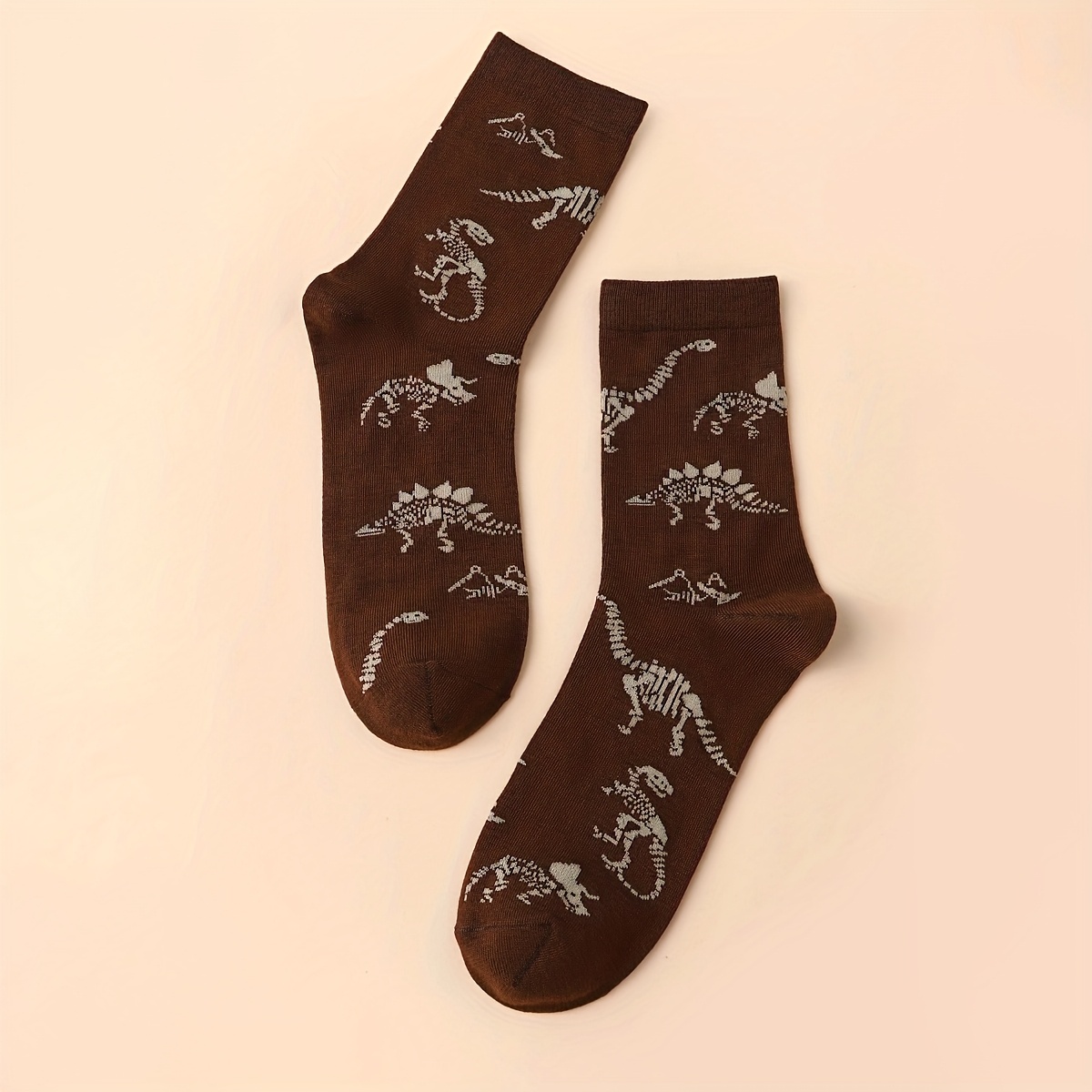 TEMU 1 Pair Of Men's Socks With A Coffee-colored Dinosaur Color-blocking Pattern Mid-calf Socks