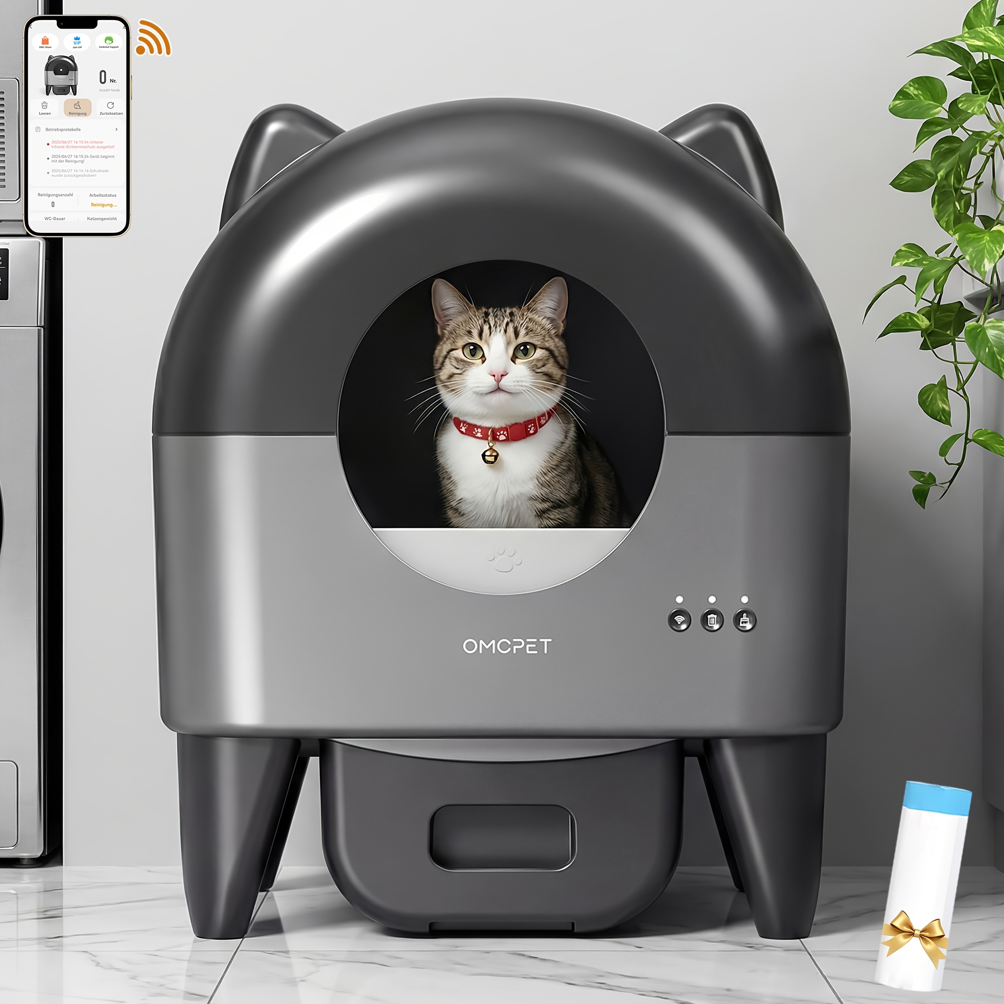 TEMU Omcpet Self-cleaning Cat Litter Box, Open Top Large Capacity For Multiple Cats, Control, Odor Locking, Anti-pinch Safety, , With 1 Roll Garbage
