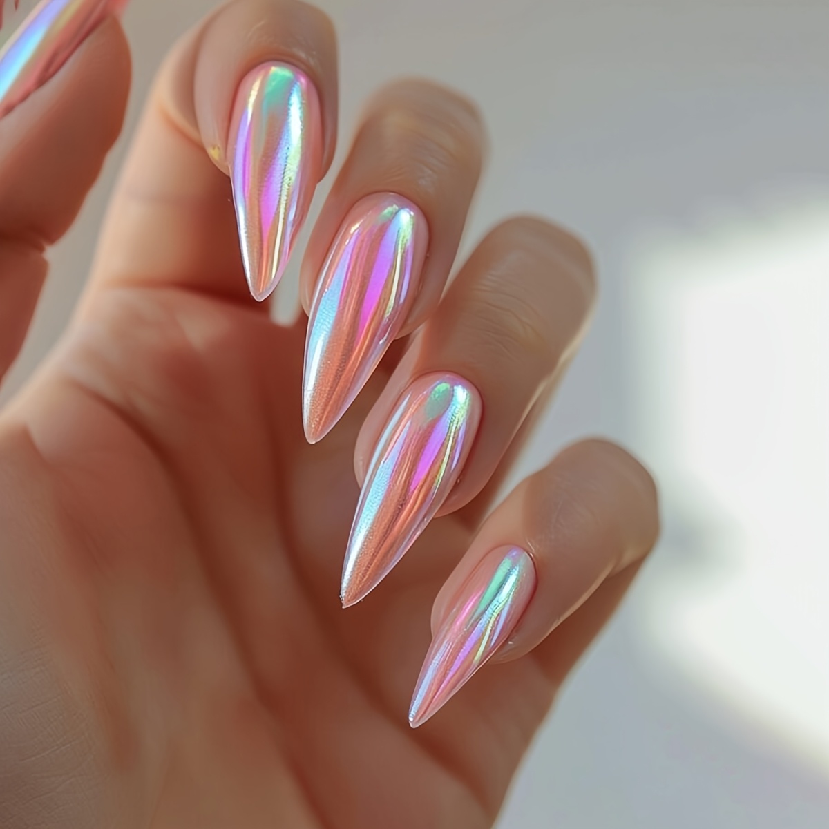 TEMU Upgrade Your Nail Shape 24pcs Light Red Chrome Press-on Long Pointed False Nails Full Coverage Artificial False Nails Square Nails Acrylic Nails