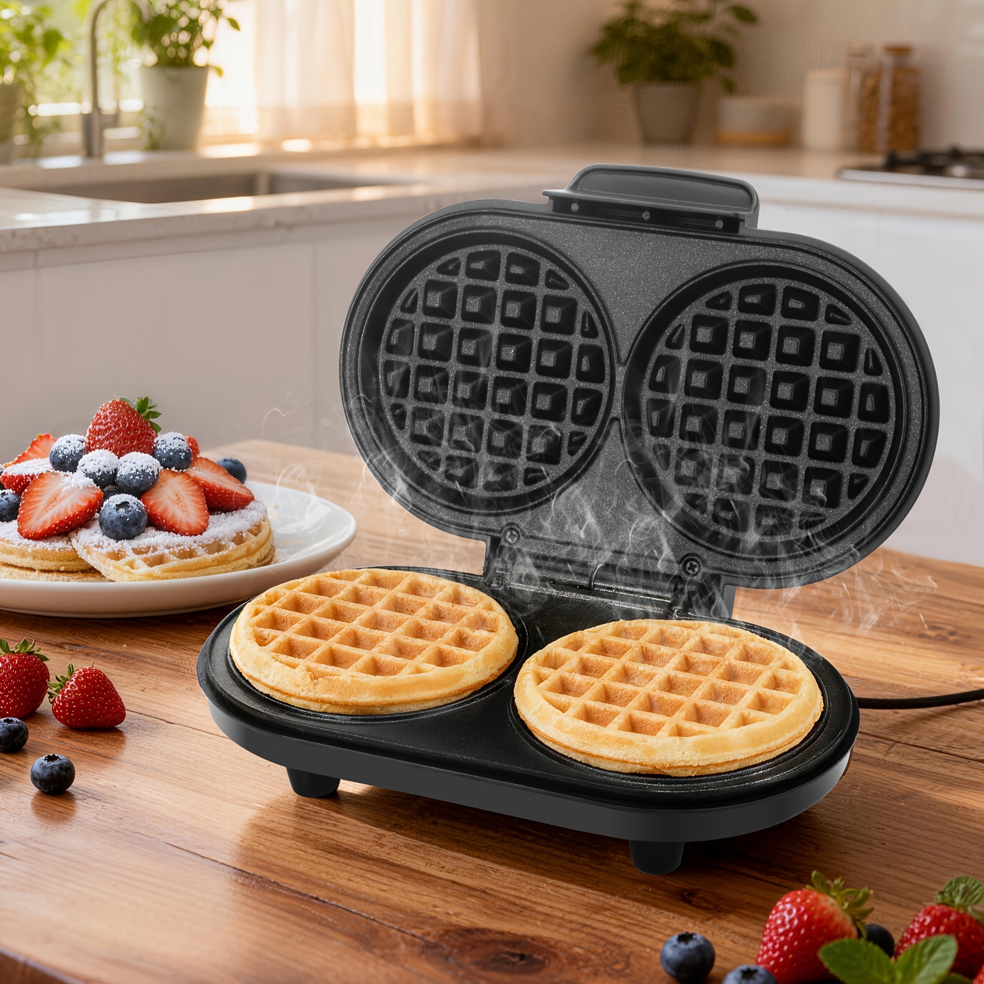 TEMU 4 Inch Double Machine, Chaffle Maker, Small For , Non Stick Surface, Easy To Clean And Store, Kitchen Appliance, Waffle Maker, Graphite