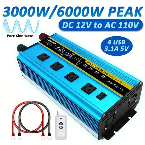 inverter 1000w 3000 sine wave inverter 12v 24v to ac 110v with remote control lcd display 4 ac outlets and 4 usb charging ports the car power inverter is suitable for vehicles rvs outdoor home