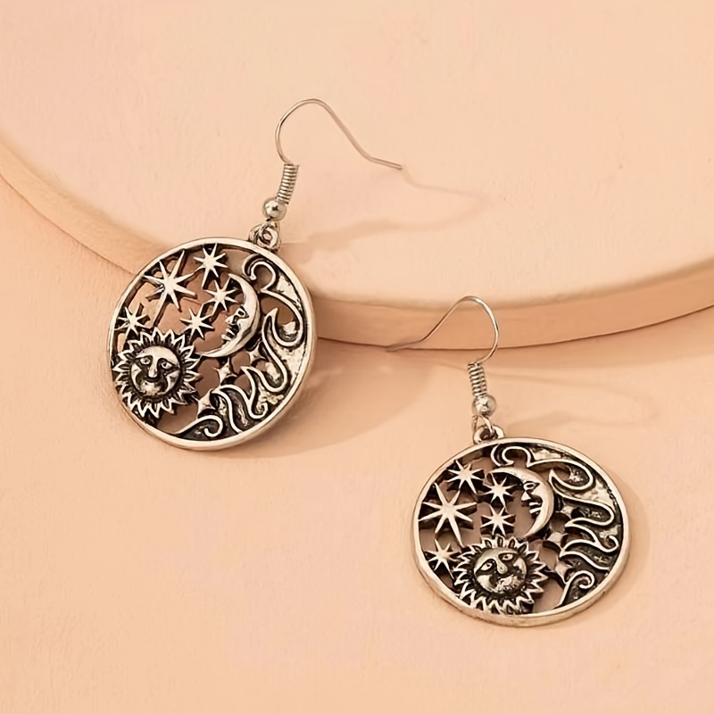 

Punk-inspired , Star & Sun Round Dangle Earrings - Zinc Alloy With Stainless Steel Posts For Casual Attire