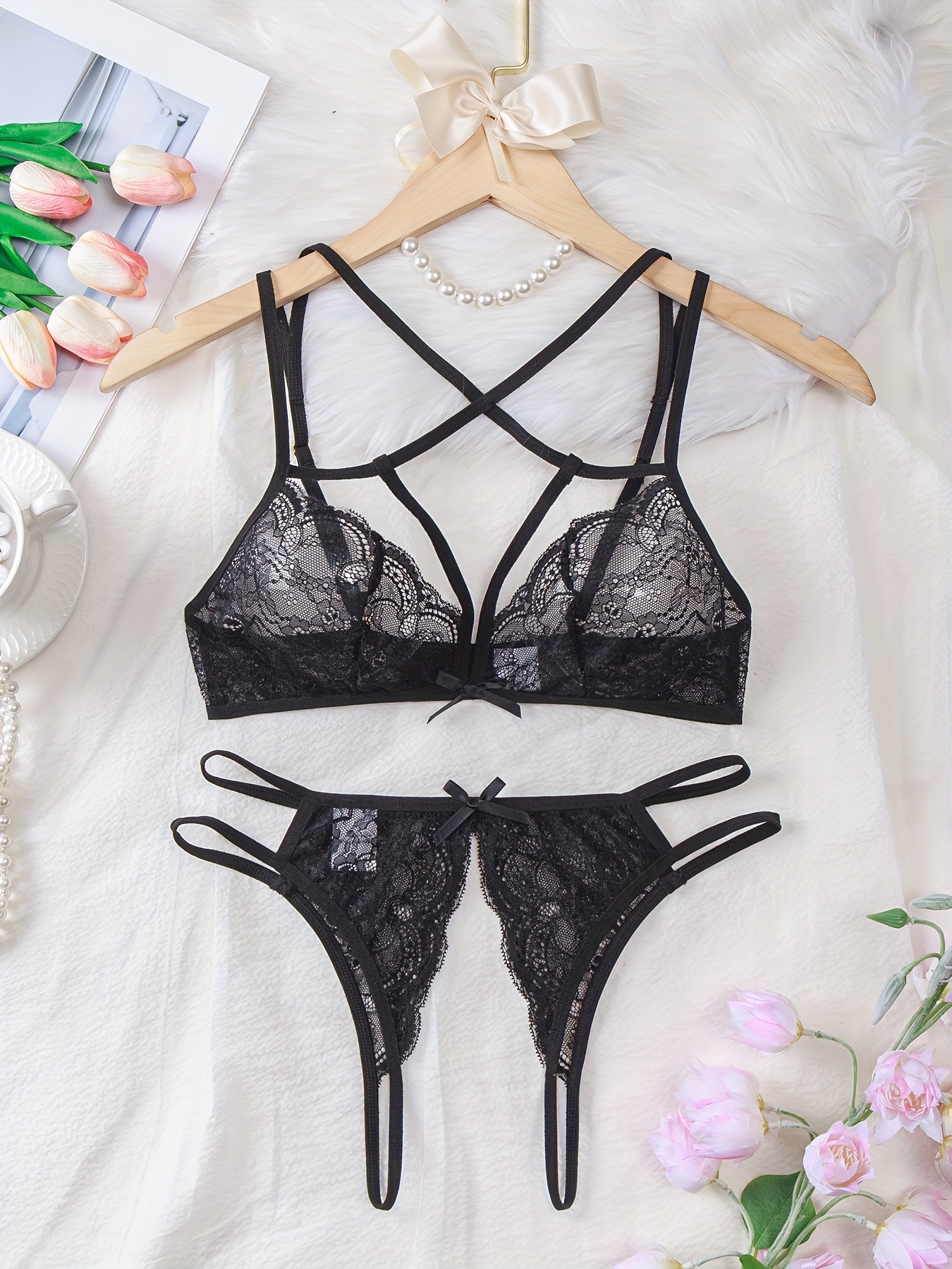 Seductive Floral Lace Lingerie Set Revealing Cage Bra And - Temu