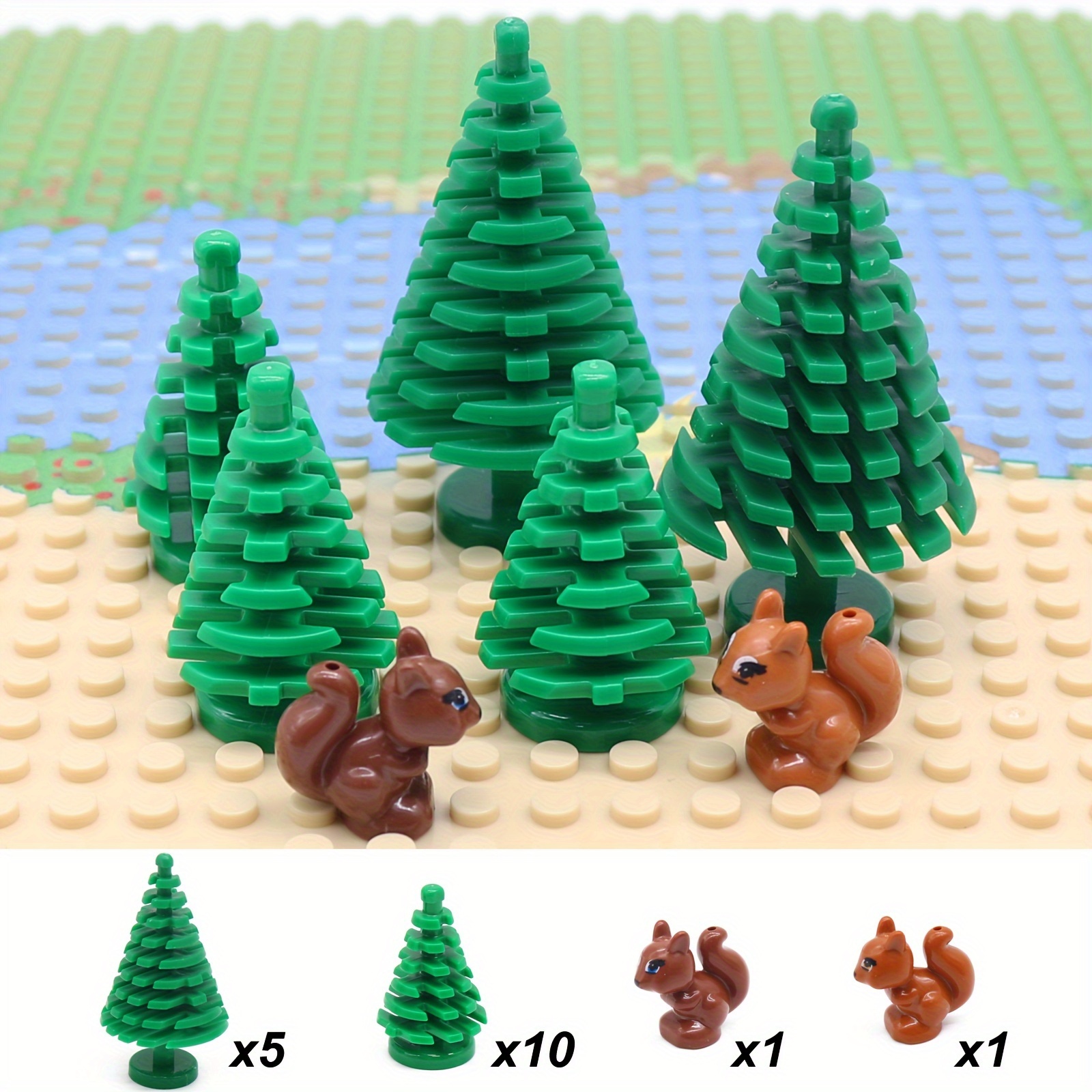 Image of 17pcs Christmas Building Block Additions Including Pine Trees And Squirrels, Small Particle Assembly Toy Parts Compatible With Jungle, Forest, And Sets 2435 And 3471