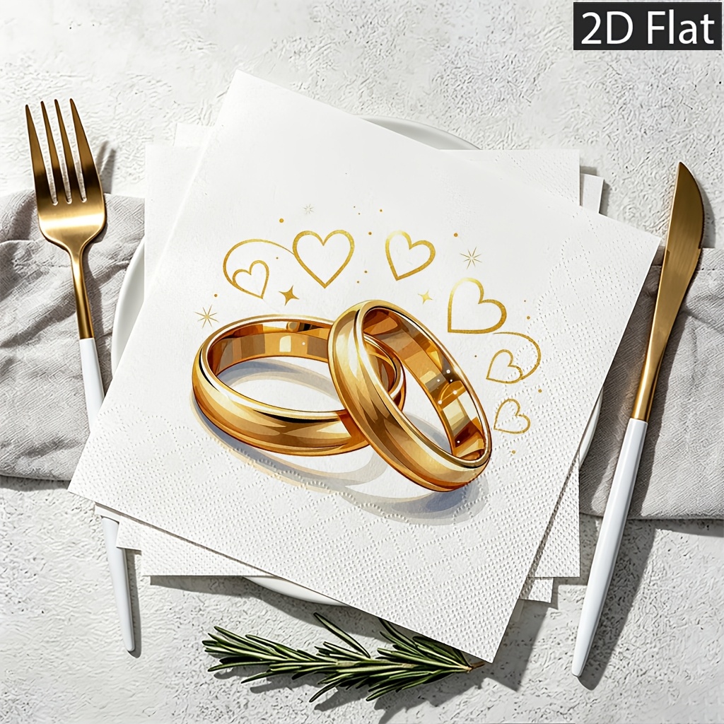 TEMU 2d Flat 20pcs Disposable Paper Napkins, 2-ply For Extra Durability, Shiny Rings With Sparkling Heart And Star Accents, - Perfect For Weddings,