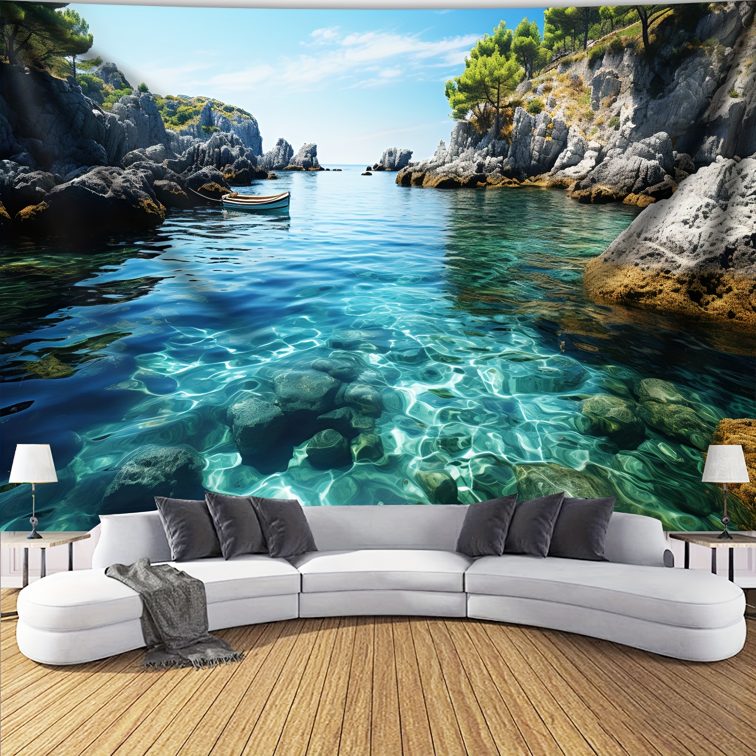 Large Landscape Landscape Wall Tapestry Blue Sea Mountain Decor_voghion.com