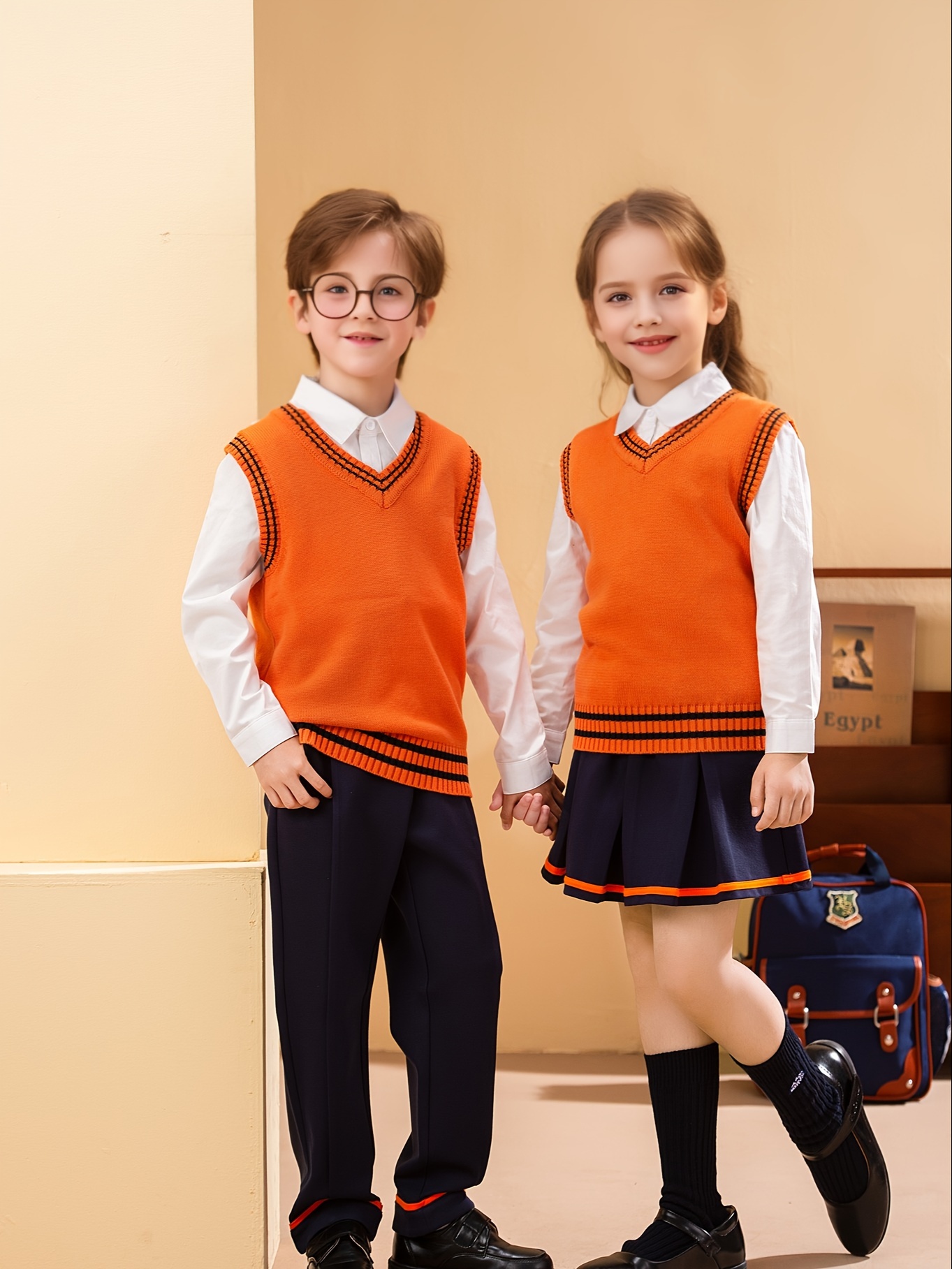 プレッピースタイル女の子/男の子快適な綿 100% スプライシング V ネックノースリーブベストトップ学校の制服