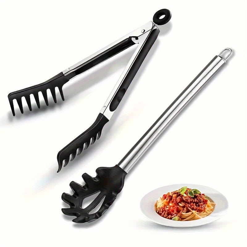

2-piece Spaghetti Serving Set - Stainless Steel Pasta Fork & Tongs With Comfort Grip Handles, Kitchen Utensils For Easy Noodle Serving