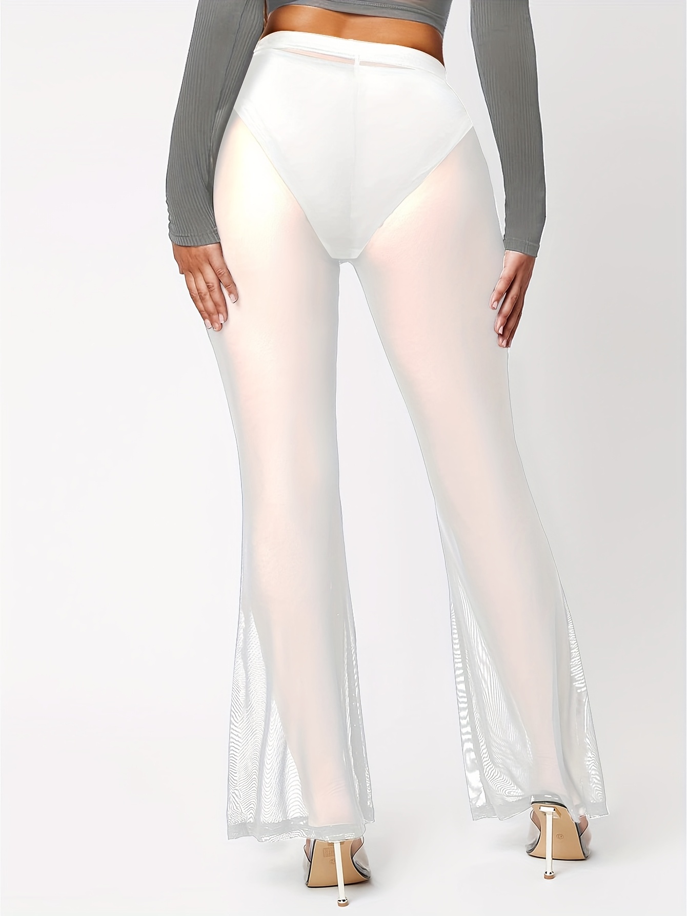 Women'S Sheer Mesh Flare Leg Pants High-Waisted, Stretchy Breathable  with *-Red Summer Casual Wear, High Waisted Legging