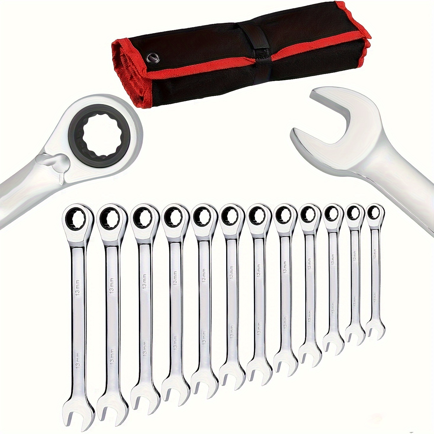 

Ratchet Spanner Set Combination Wrench 12 Piece Metric Sizes From 8mm To 19mm With Roll Bag, Perfect For Home, Bike, Car Repairs