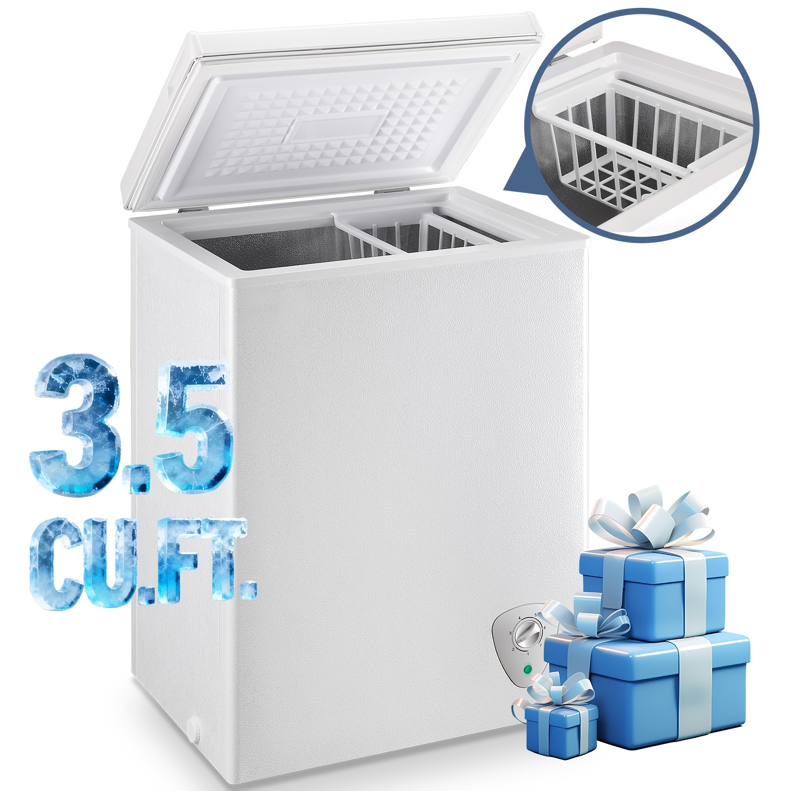 3.5 Cubic Feet Chest Freezer With Removable Basket, Mini Fridge Optional, Deep Freezer With Adjustable Temperature, Top Open Door Free Standing Freezer For Home/Kitchen/Office/Garage