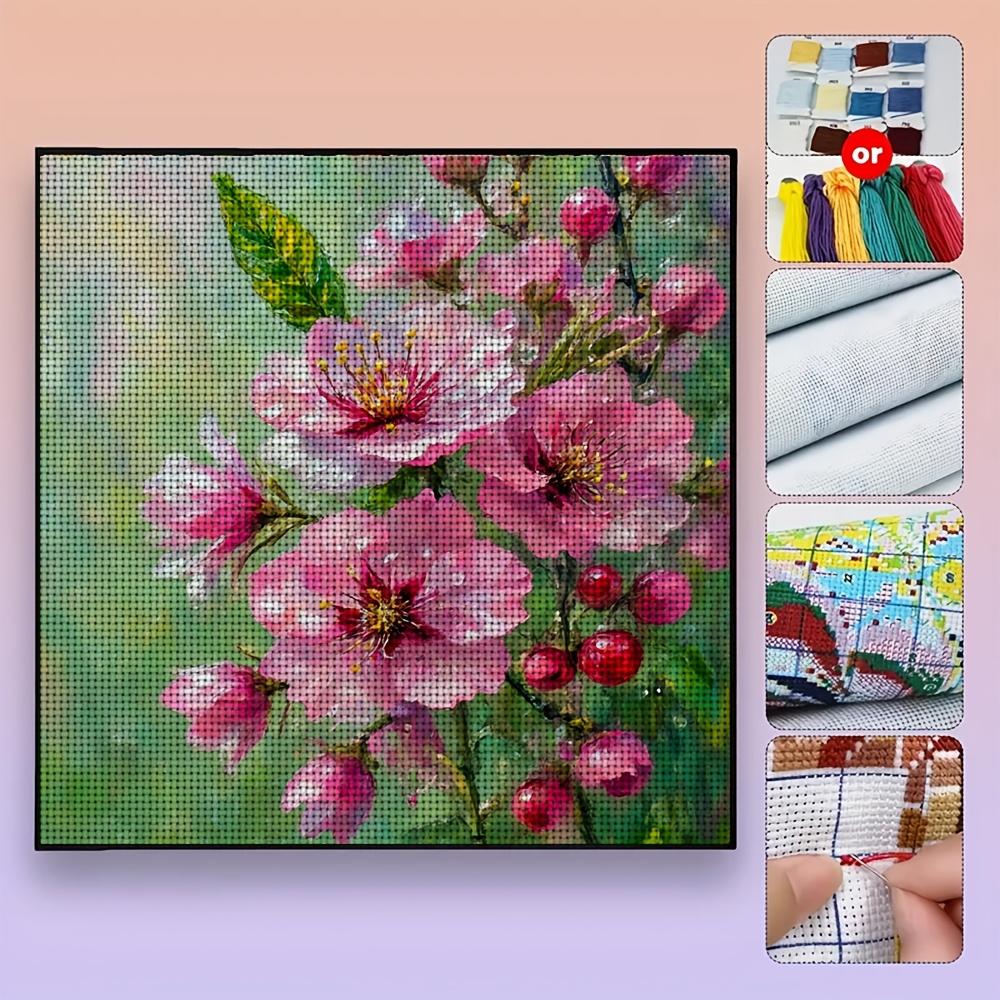 Set of Cross-Stitch Kits Featuring Floral Design with Branches