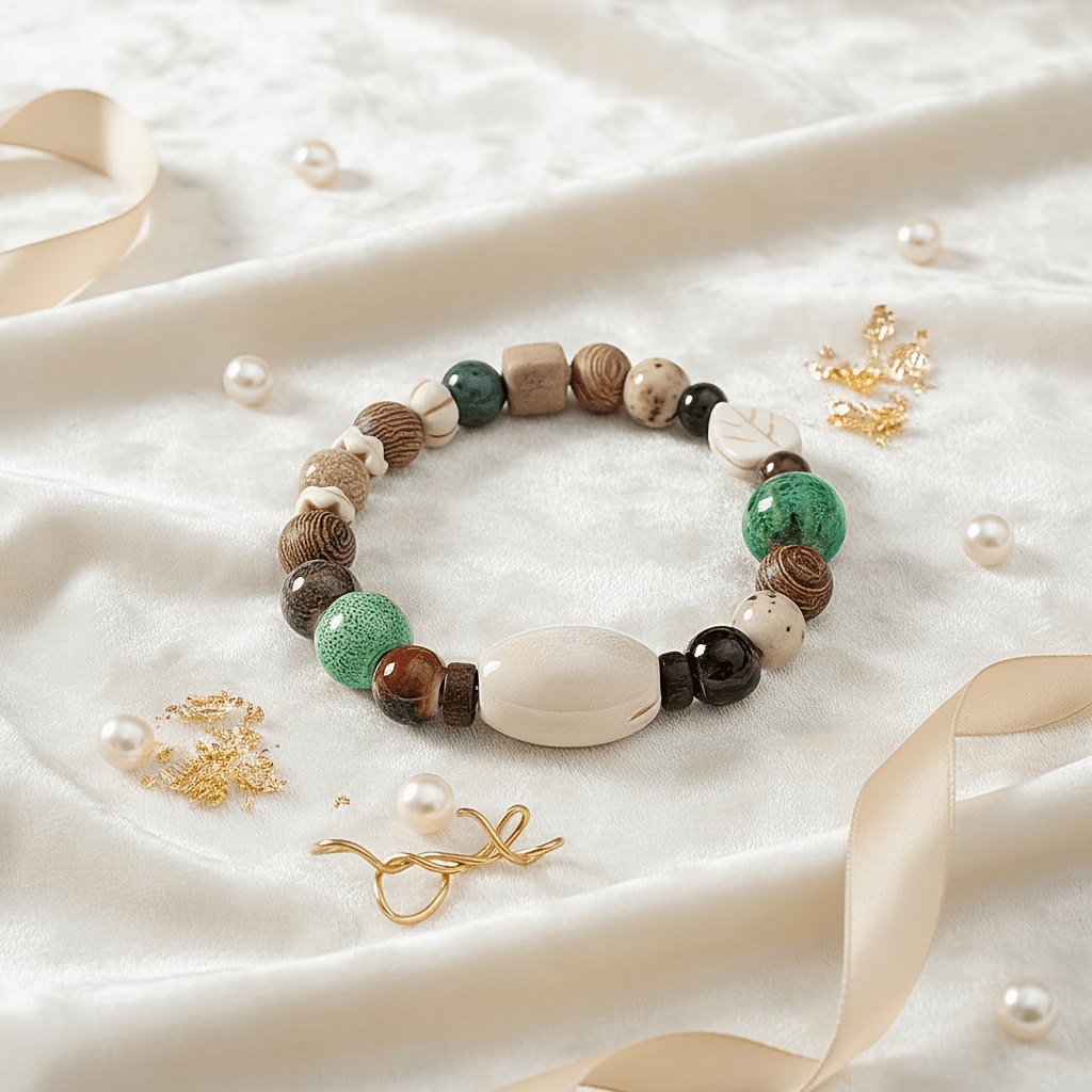 TEMU Bracelet extensible 1 pièce en perles de céramique pour femme, style ethnique vintage avec perles rondes colorées
