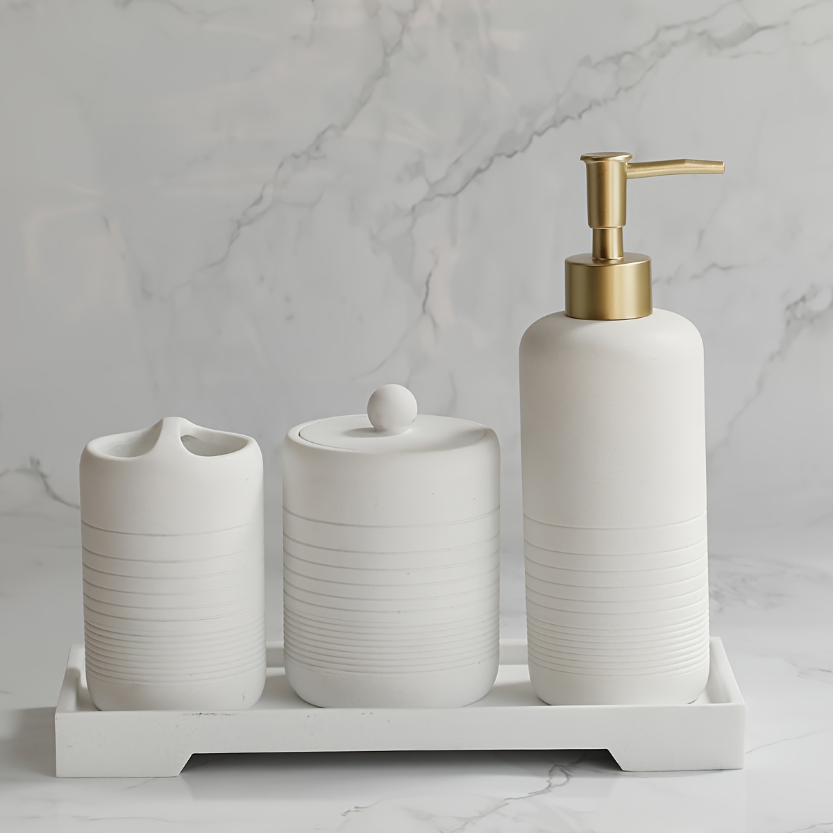 Weißer Kristall-* Beige Grauer * Ausgewähltes Badezimmer-Vier-Teile-Set Lotionflasche Zahnbürstenhalter Tupferbox Tablett