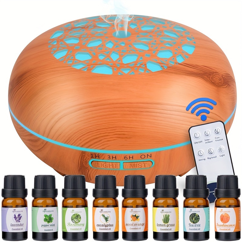 

550ml Essential Oil Diffuser, Aromatherapy Diffuser, With 8 Essential Oils And 1 Remote Control, , Waterless Auto Shut Off, , 3 Timed Settings, Wood Grain Humidifier