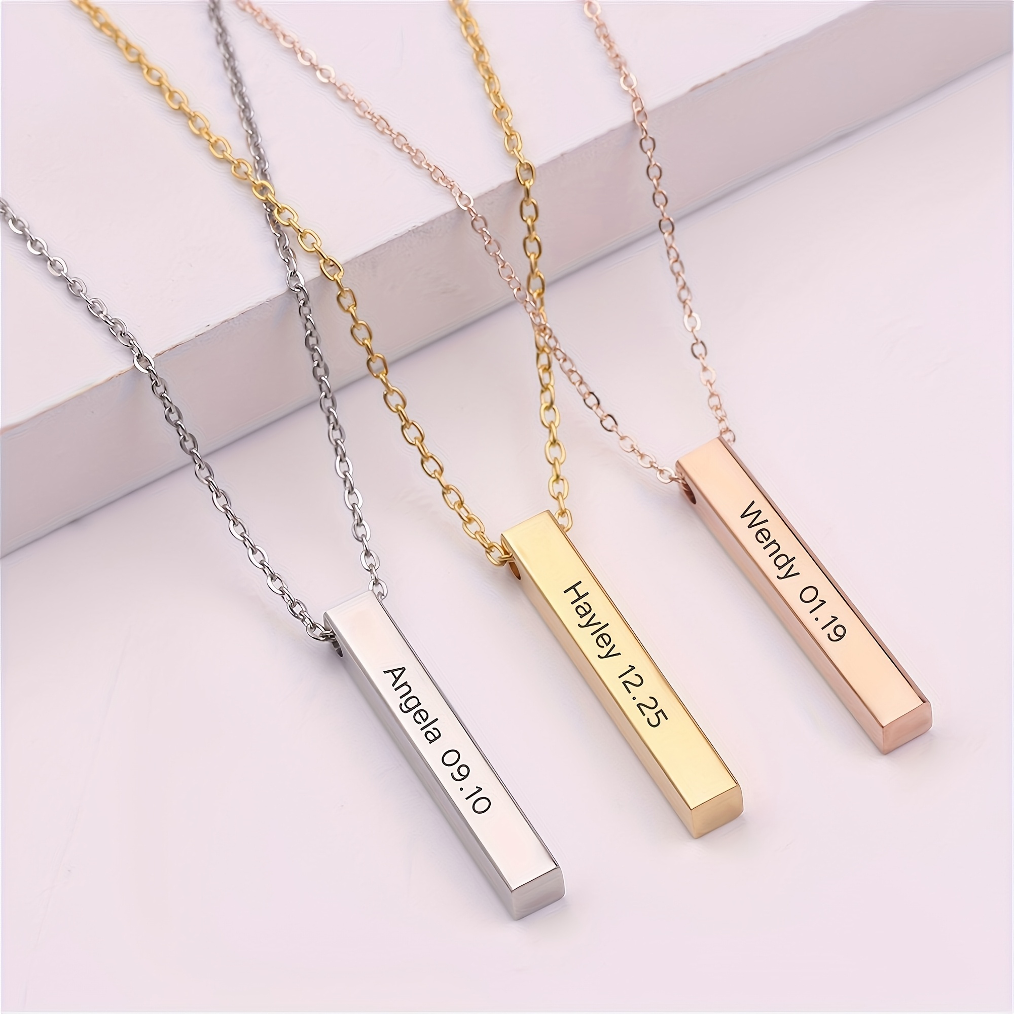 personalized engraved name necklace - 3d square pendant in silvery, golden, rose golden, black stainless steel, minimalist fashion accessory for women   wear and gifting, personalized necklace, personalized, fashion accessories details 3