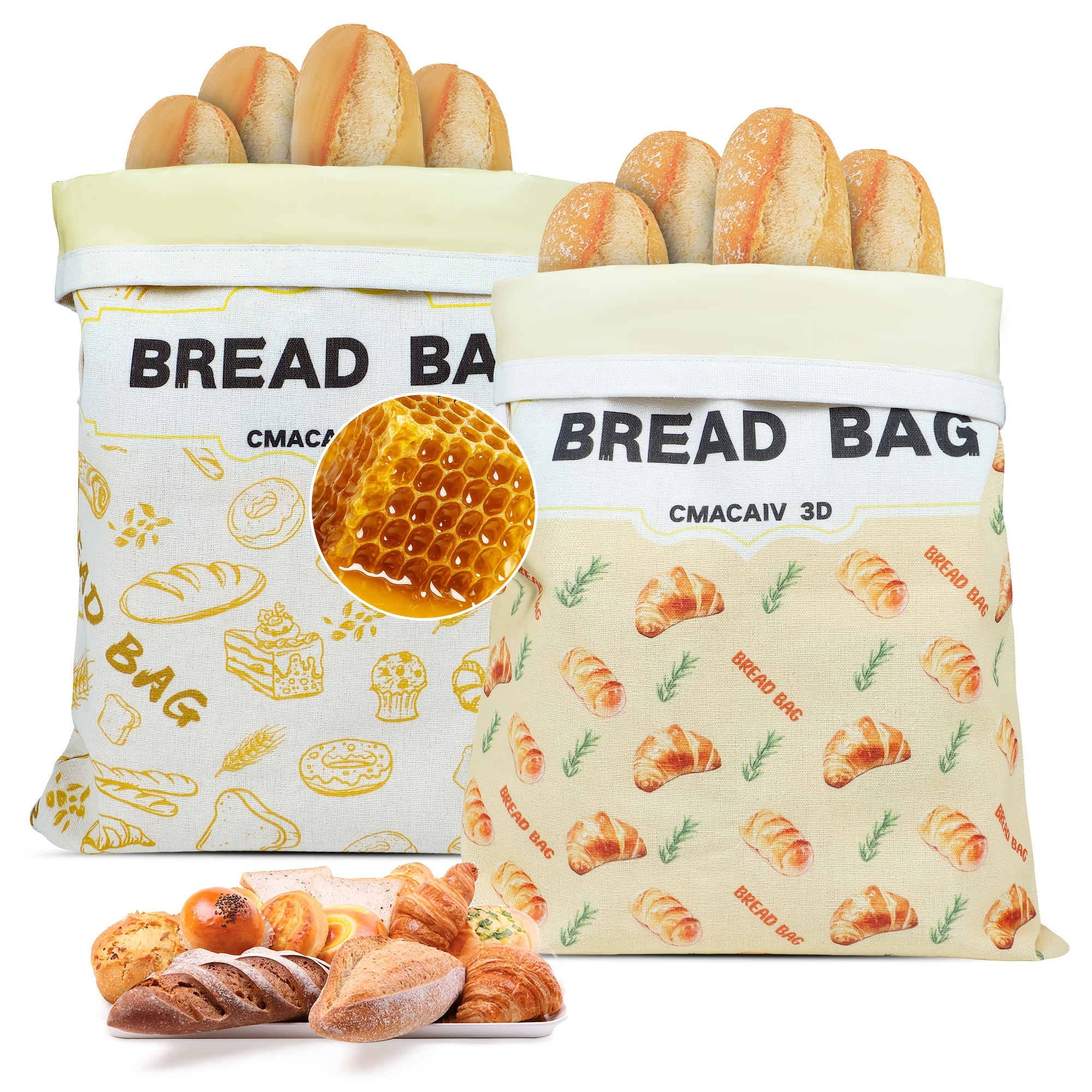 Image of 1/2-pack Xl Beeswax Bread Bags, Ideal For Homemade Bread And Sourdough; Contains 2 Beeswax-lined, Linen-covered Food Storage Bags With Snap Fastenings To Keep Baked Goods Fresh For