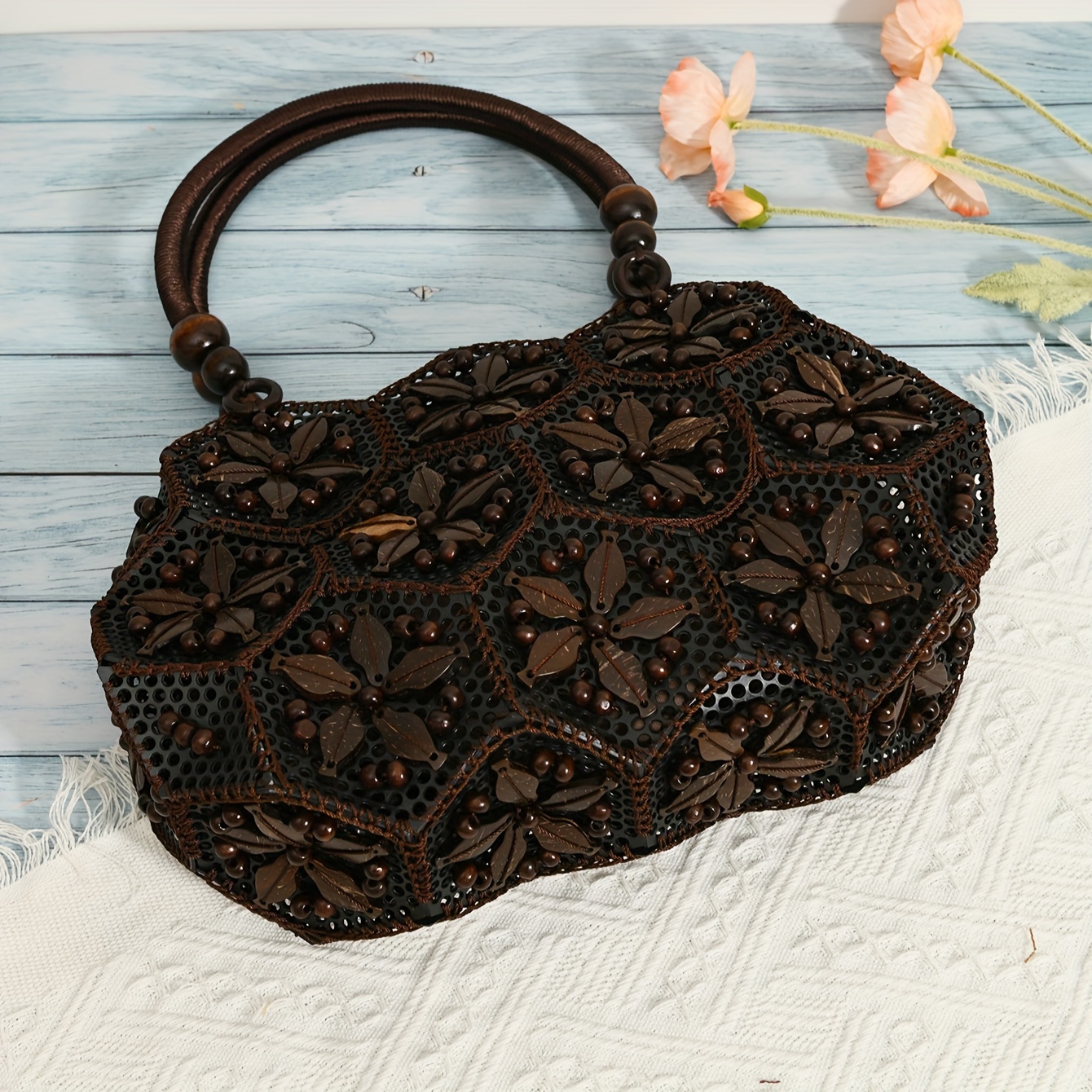 [Bohemian Clutch Bag] Handcrafted Coconut Shell Bohemian Clutch Bag | Vintage Ethnic Style, Deep Brown Geometric Design with Zipper Closure, Intricate Bead and Leaf Motifs, Perfect for Casual or Formal Occasions