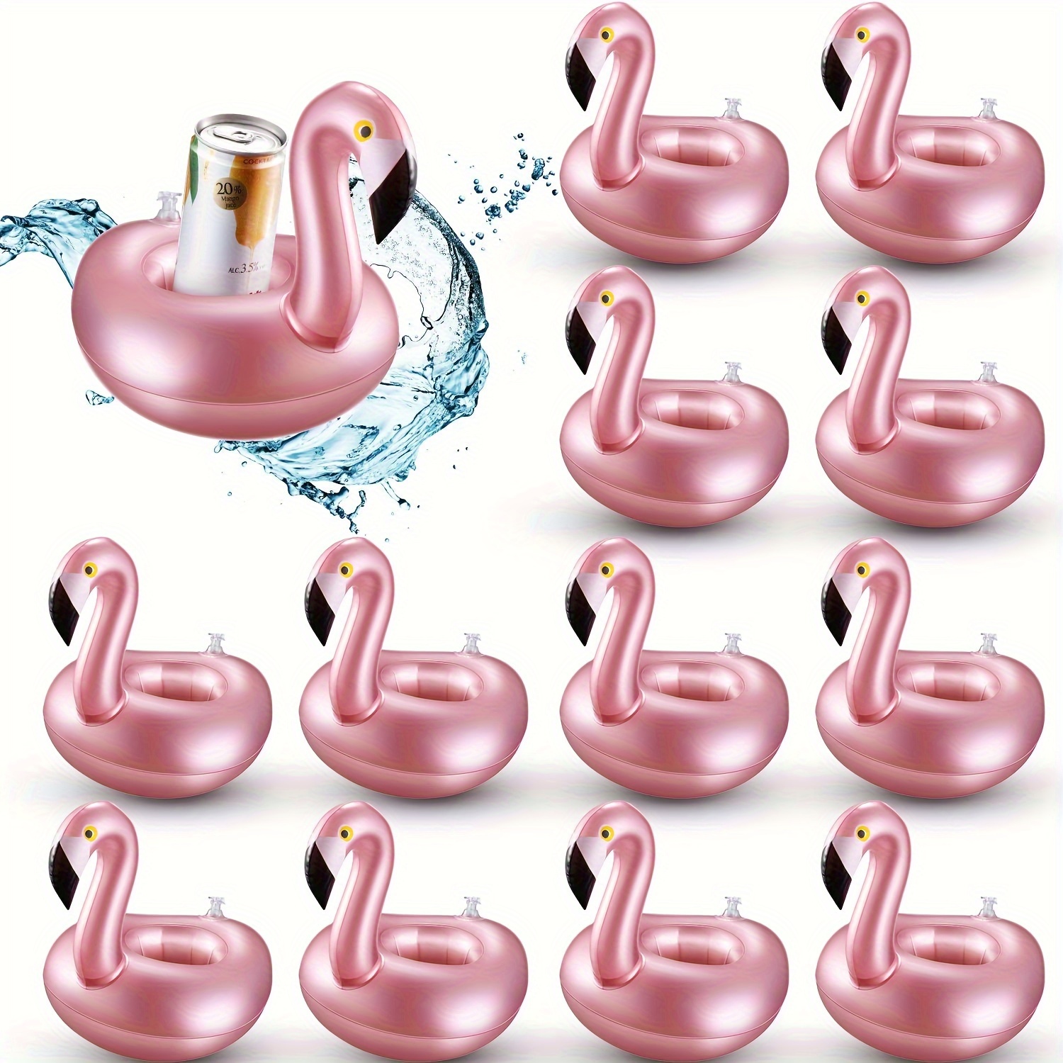 set mit 12 aufblasbaren getränkehaltern in flamingo-form,   für sommer-poolpartys. diese niedlichen tier-untersetzer sind wiederverwendbar und ideal, um ihre getränke zu stabilisieren.