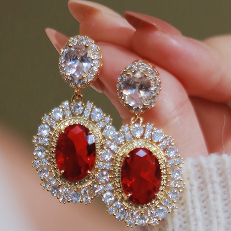 Image of 1 Pair Readkiss Women's July Birthstone Earrings - Red Synthetic Zirconia Drop Dangle Earrings With Kc, Retro Wedding & Party Jewelry Suitable For Banquets, Casual Attire, July Birthdays