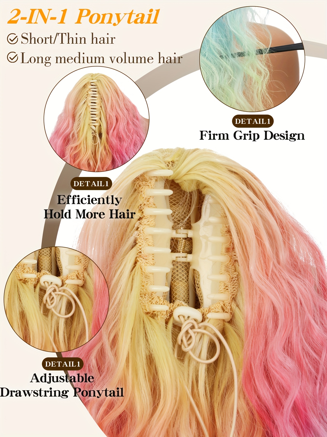   66.04cm multicolor long curly ponytail extension - synthetic hair claw clip-in with drawstring, natural look for women, deep  ,  , easy to style, party hair accessory, vibrant hairpiece details 0