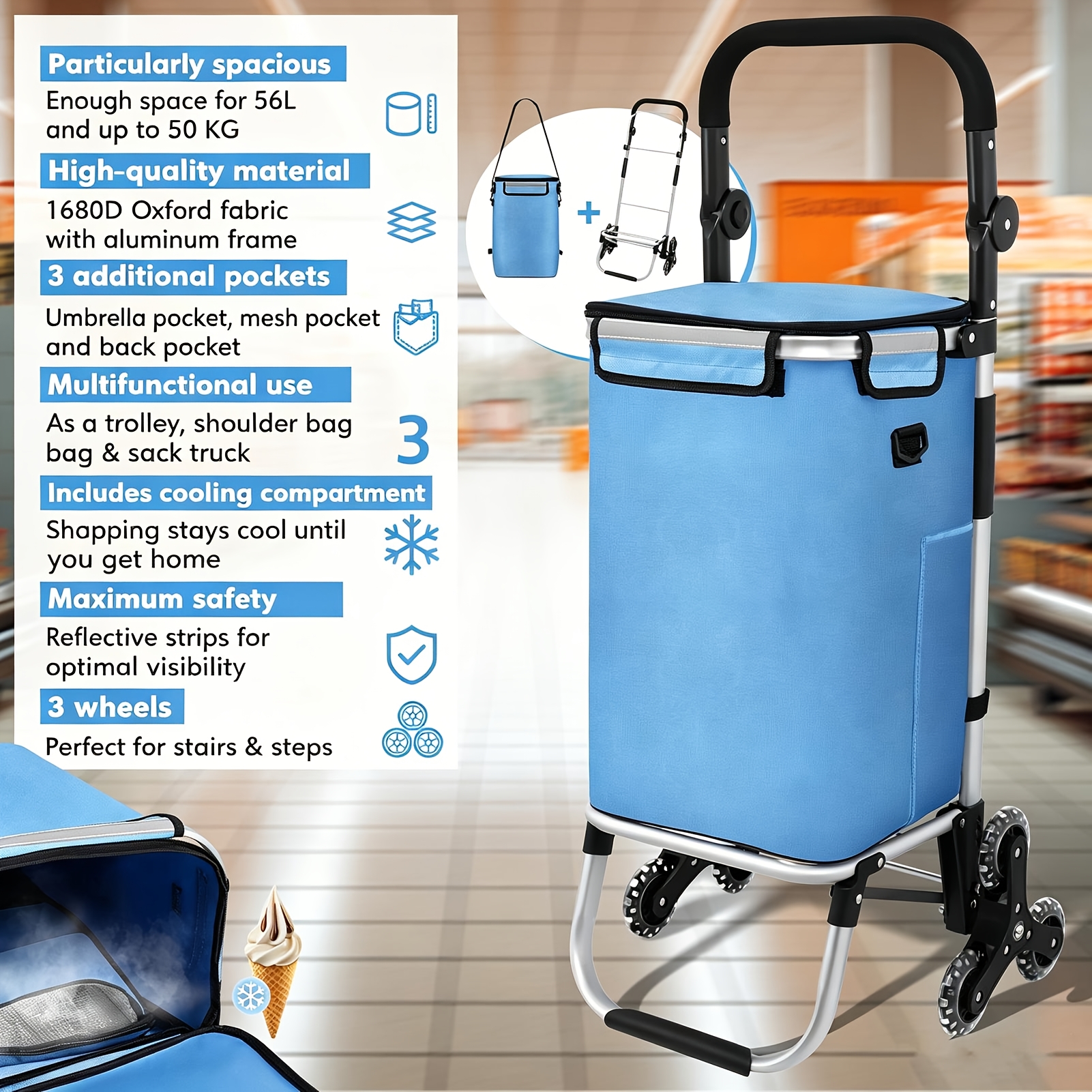 TEMU Chariot de courses pliable avec une de 56L et une de charge de jusqu'à 50Kg | Chariot 3-en-1, chariot à main et sac à bandoulière | Panier de