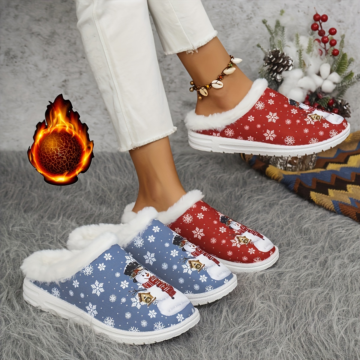 

Cozy Christmas Snowman Slippers For Women - , Slip-on Upper With Fabric Inner, Tpr Sole, Comfortable Warm Indoor House Shoes, Winter Season, Cartoon Pattern, Hand Washable