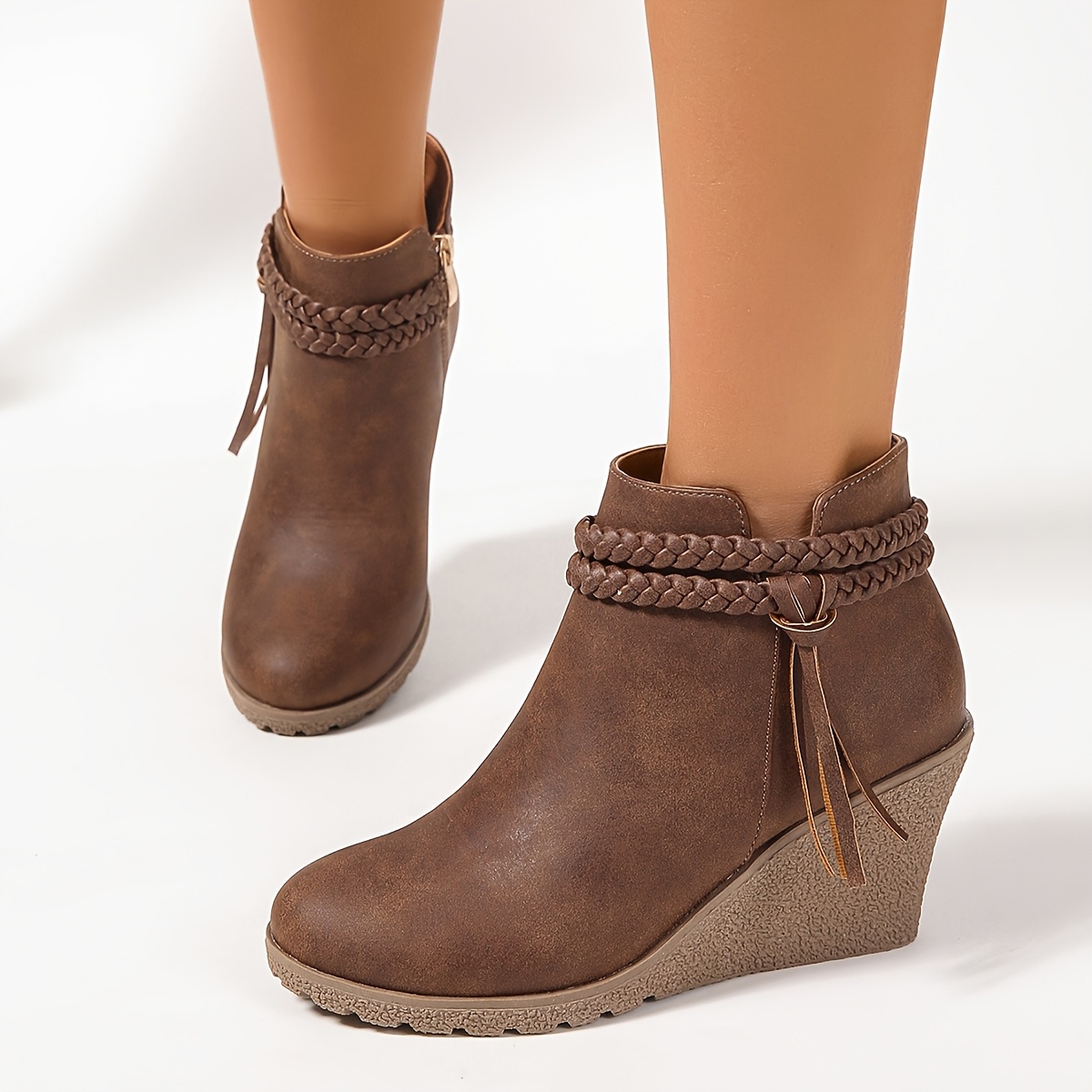 elegant brown braided ankle boots women comfortable wedge Temu