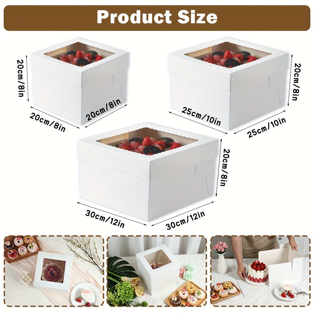 15pcs White Cake Boxes with Clear Window, Disposable Bakery Boxes
