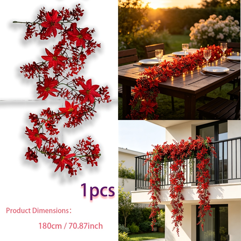 TEMU 70.87-inch Artificial Christmas Flower Vine, Red Hanging Flower Garland, Holiday Decor Faux Vine, Festive Fence Background Wall Decoration,