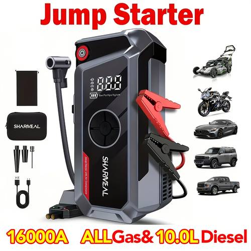 16000a 19000 in 1 car battery jump starter portable power pack with extended smart jumper cables large display led lights protections for all gas 12l engines start the car quickly jump starter with air compressor