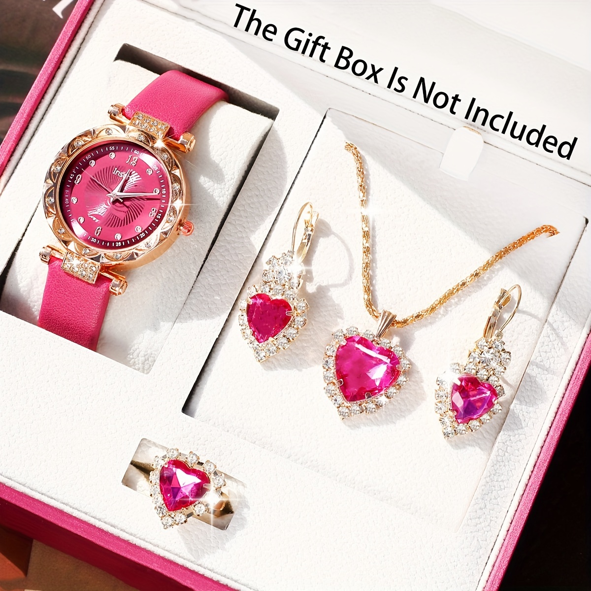 

5pcs Rhinestone Rose Red Quartz Watch With Exquisite Love Jewelry Set For Mother's Day Gift For Friends Gifts For Eid