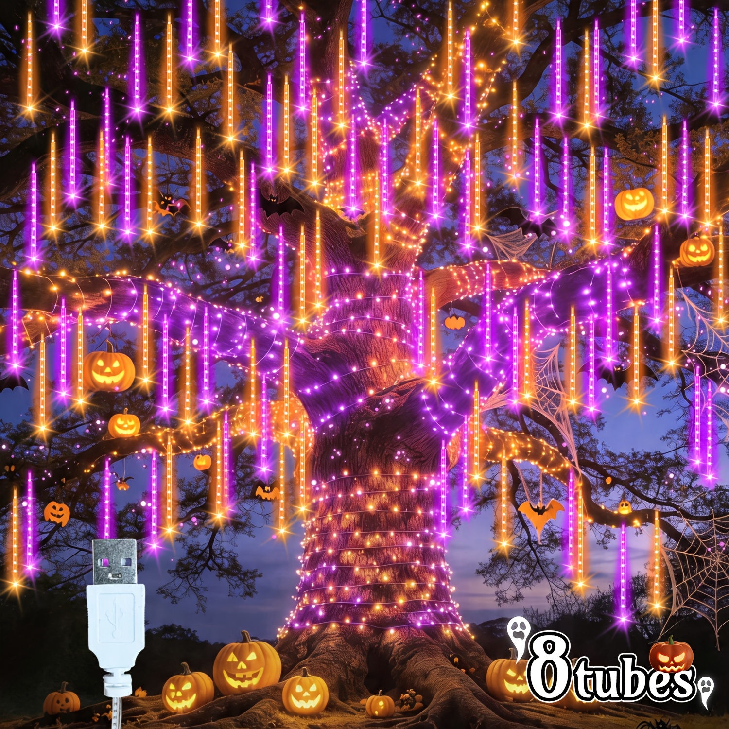 TEMU Powered Halloween Purple-orange String Lights, 192led/8 Tubes Hanging Starry Shower Fairy Lights, Waterfall Effect Icicle Lights, Suitable For ,