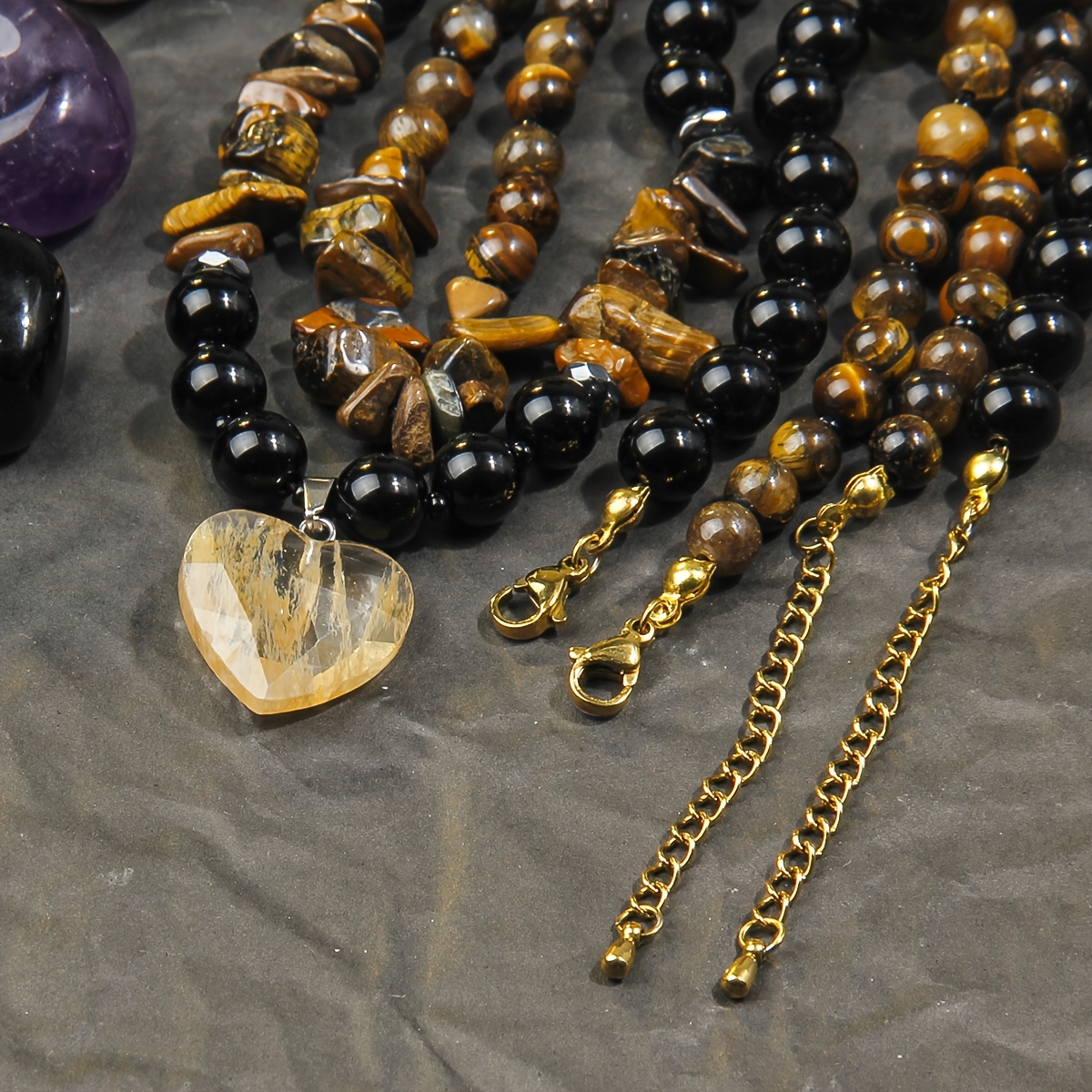 Women's Layered Long Necklace with Natural Stone Heart Pendant